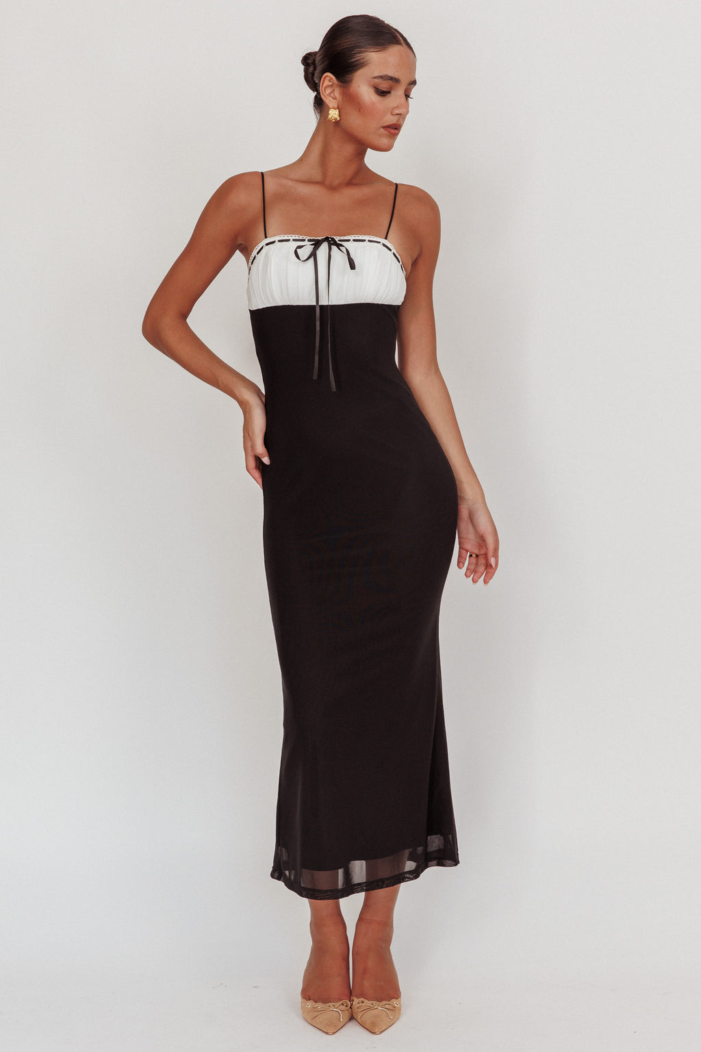 Nerida Bow Bust Mesh Maxi Dress Black by Selfie Leslie