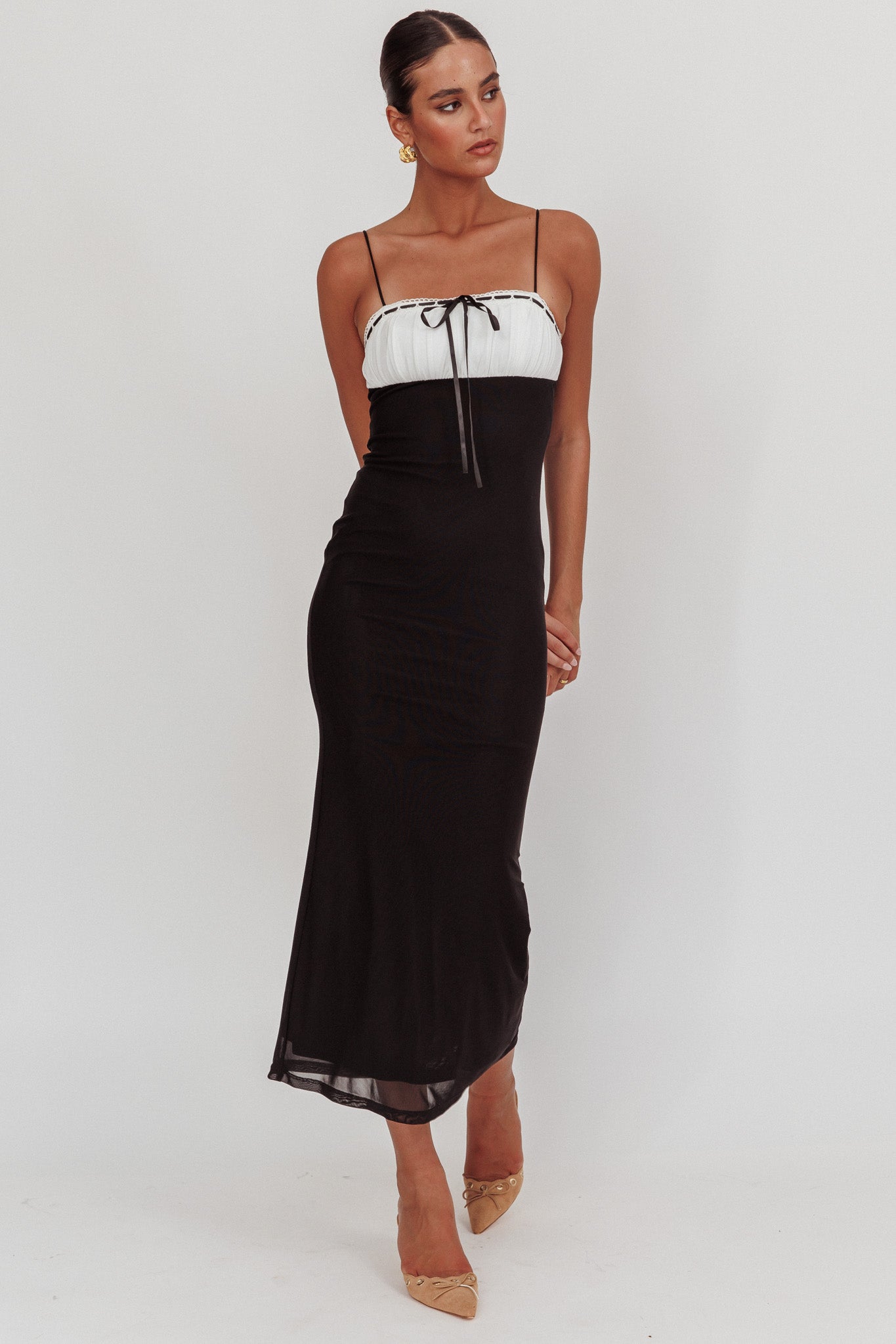Nerida Bow Bust Mesh Maxi Dress Black by Selfie Leslie