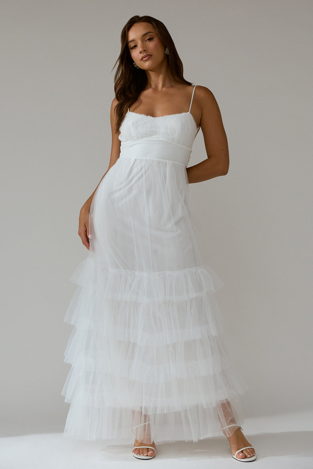 Nerida Twist Back Frill Trim Mesh Maxi Dress White by Selfie Leslie