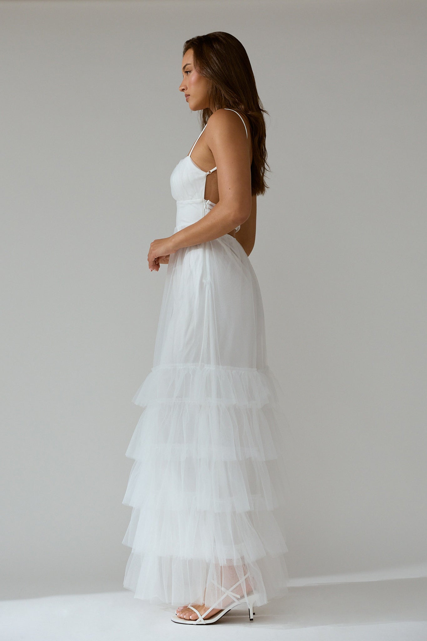 Nerida Twist Back Frill Trim Mesh Maxi Dress White– Selfie Leslie