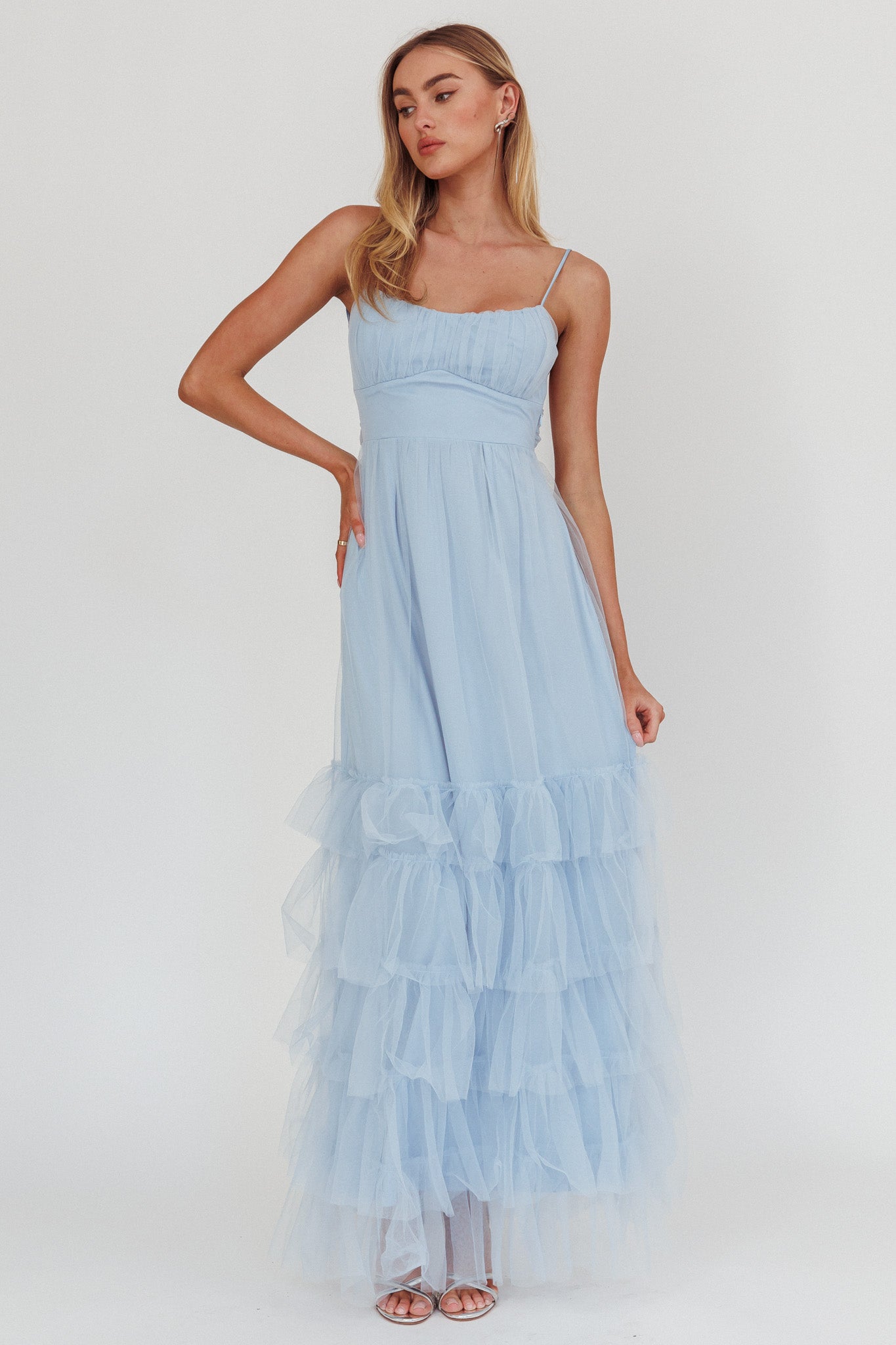 Nerida Twist Back Frill Trim Mesh Maxi Dress Steel Blue | Selfie