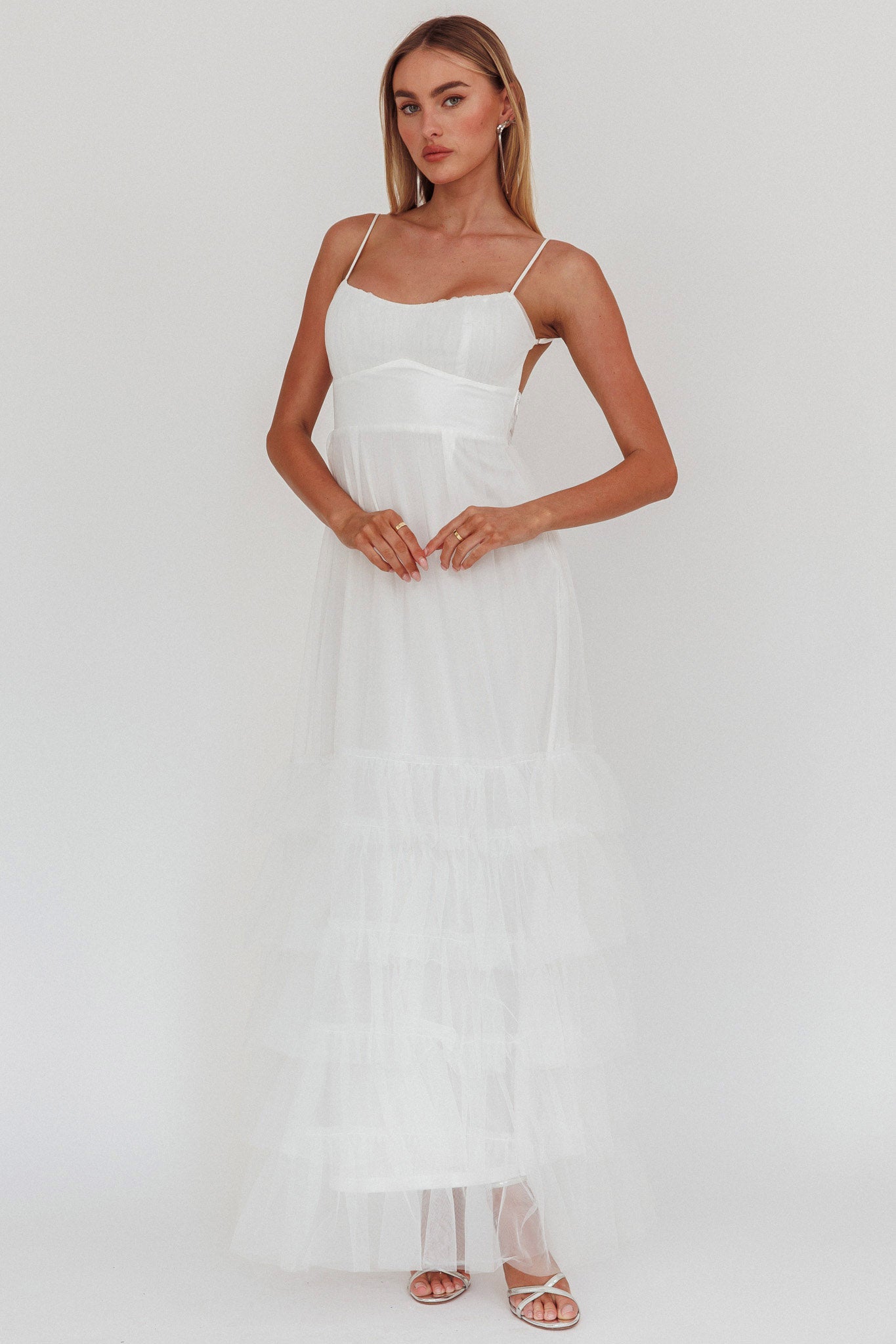 Nerida Twist Back Frill Trim Mesh Maxi Dress White | Selfie Leslie