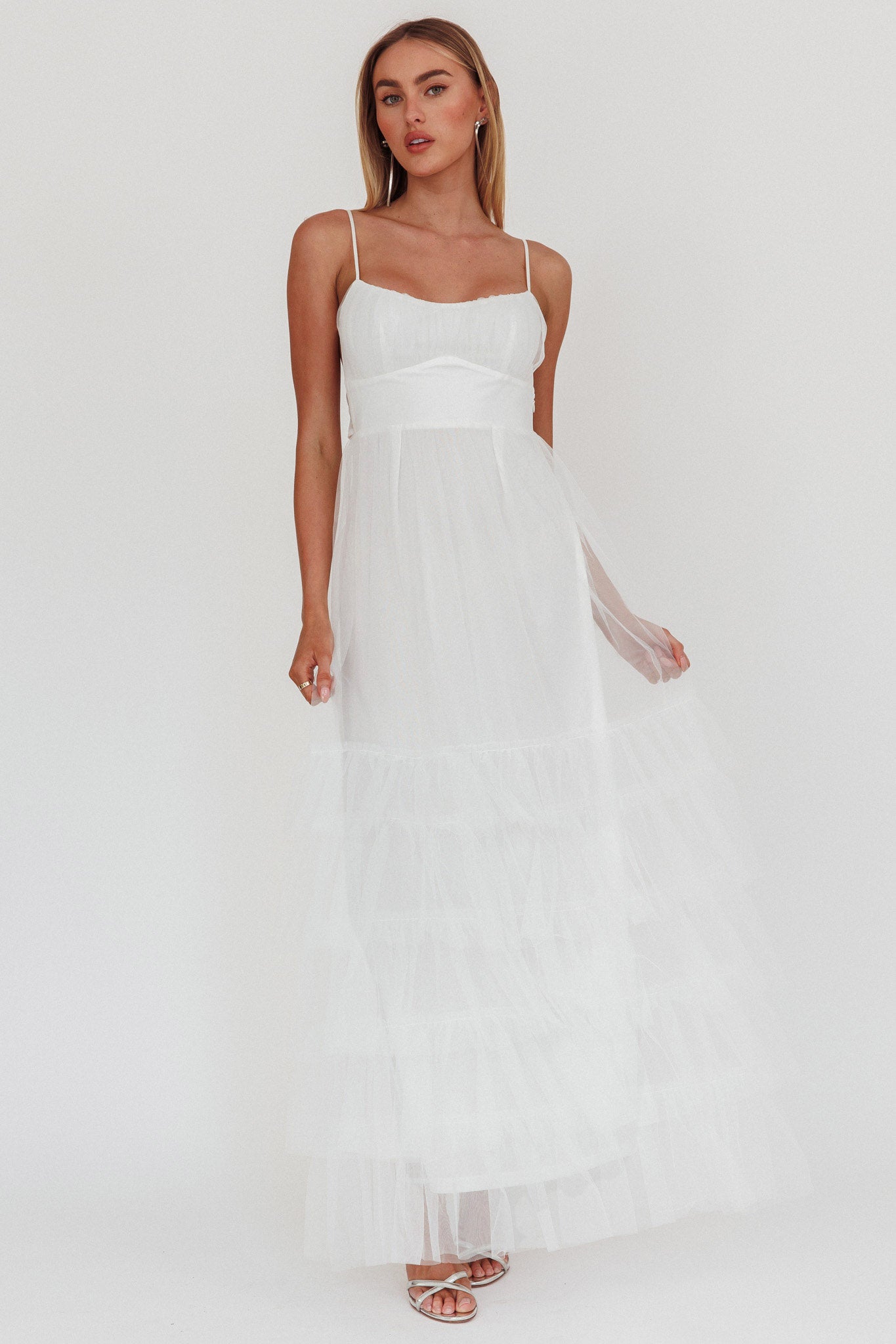 Nerida Twist Back Frill Trim Mesh Maxi Dress White | Selfie Leslie