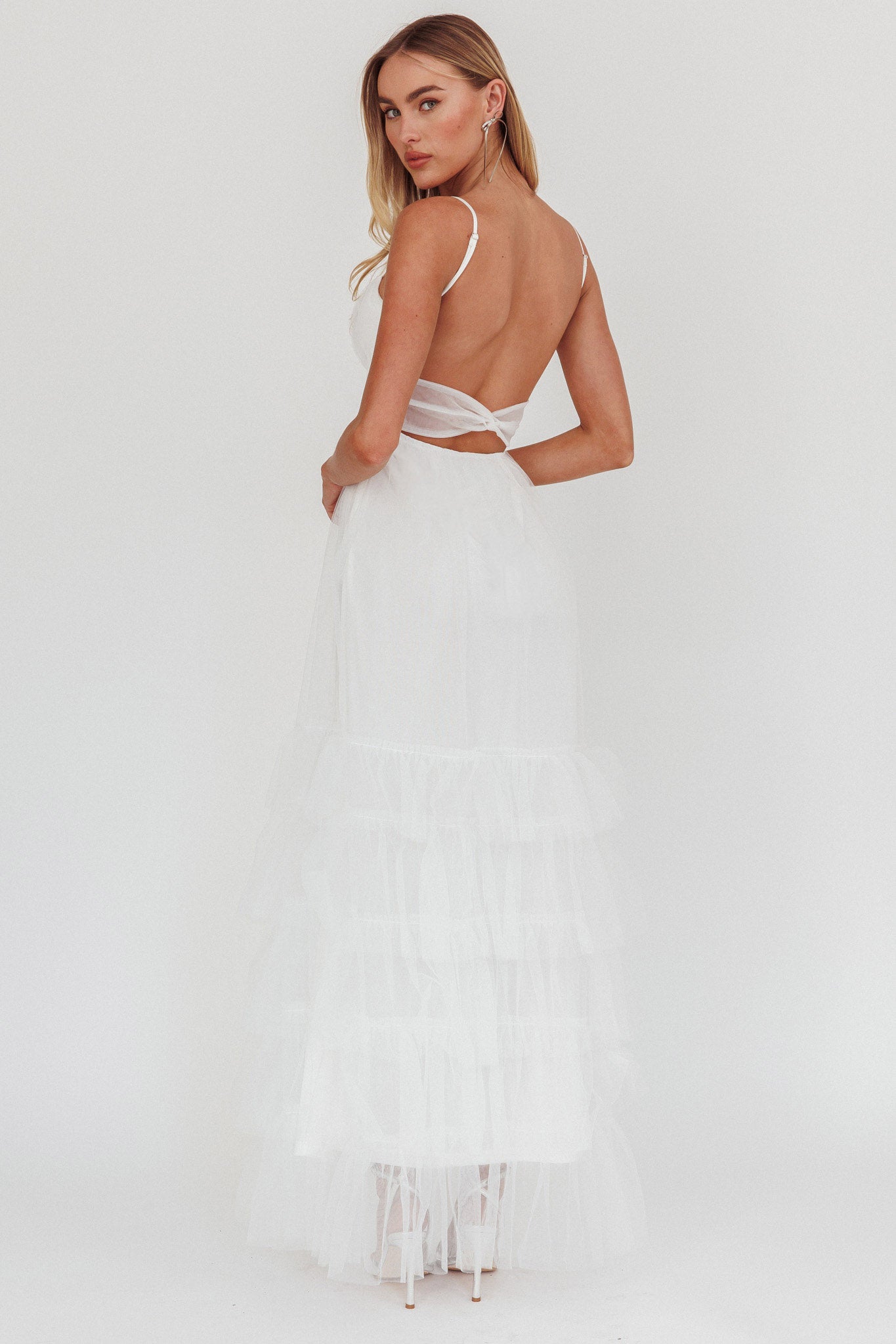 Nerida Twist Back Frill Trim Mesh Maxi Dress White by Selfie Leslie