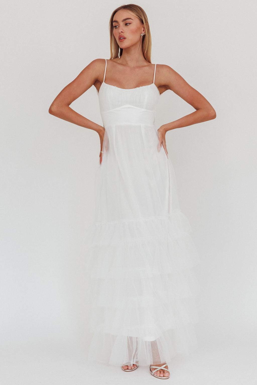 Nerida Twist Back Frill Trim Mesh Maxi Dress White by Selfie Leslie