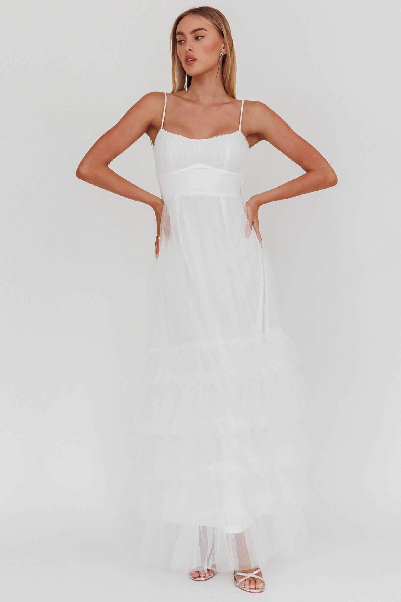 Nerida Twist Back Frill Trim Mesh Maxi Dress White by Selfie Leslie