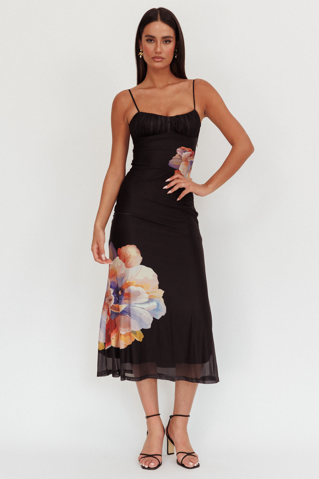 Nerida Gathered Bust Maxi Dress Flowers Black by Selfie Leslie