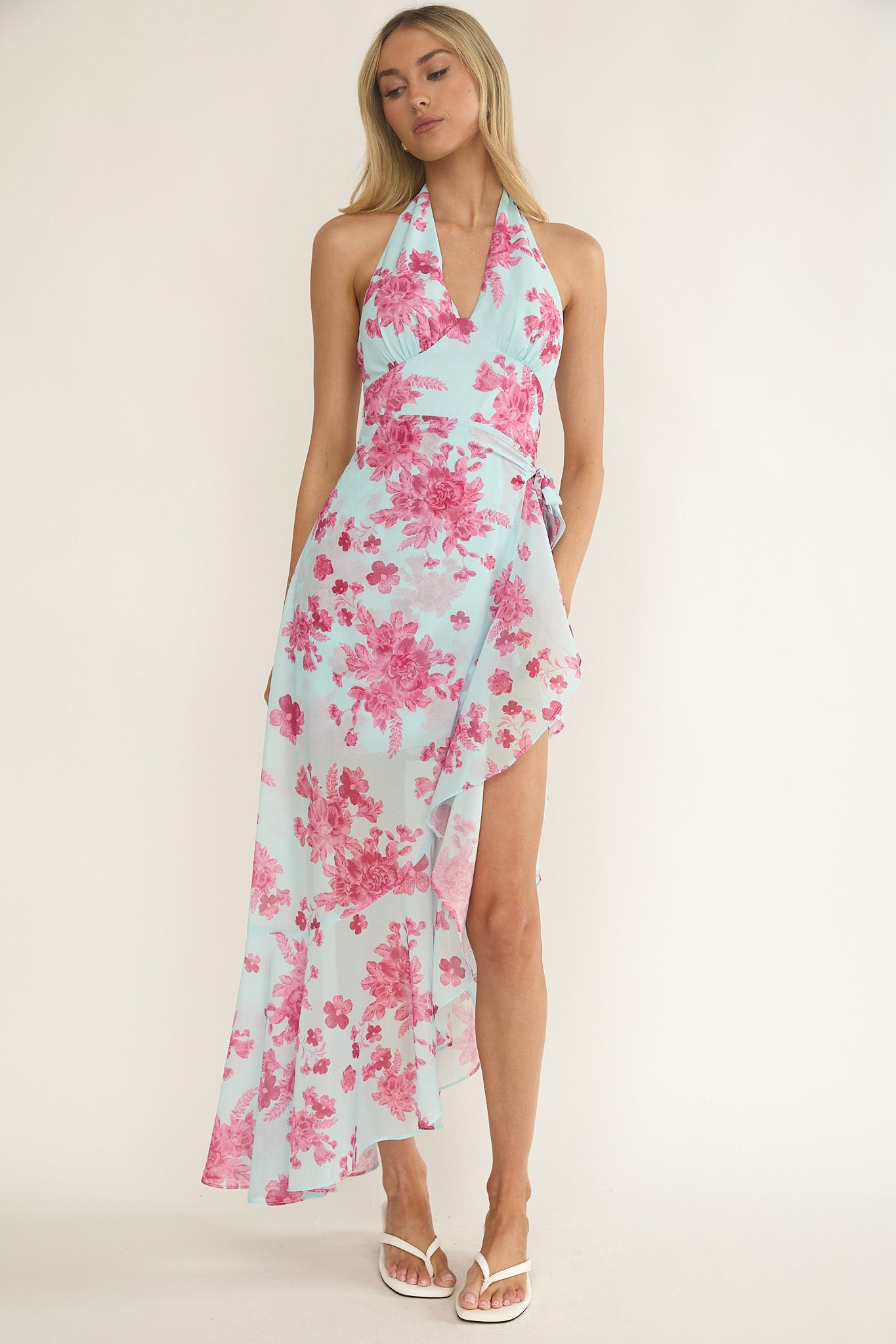 Nerida Waist Tie Asymmetric Dress Floral Ice Blue by Selfie Leslie