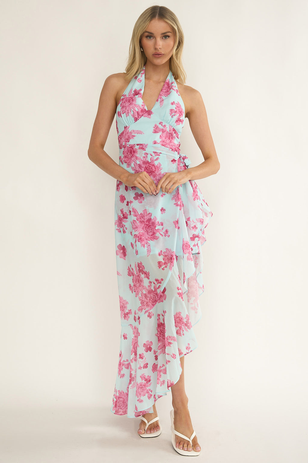 Nerida Waist Tie Asymmetric Dress Floral Ice Blue by Selfie Leslie