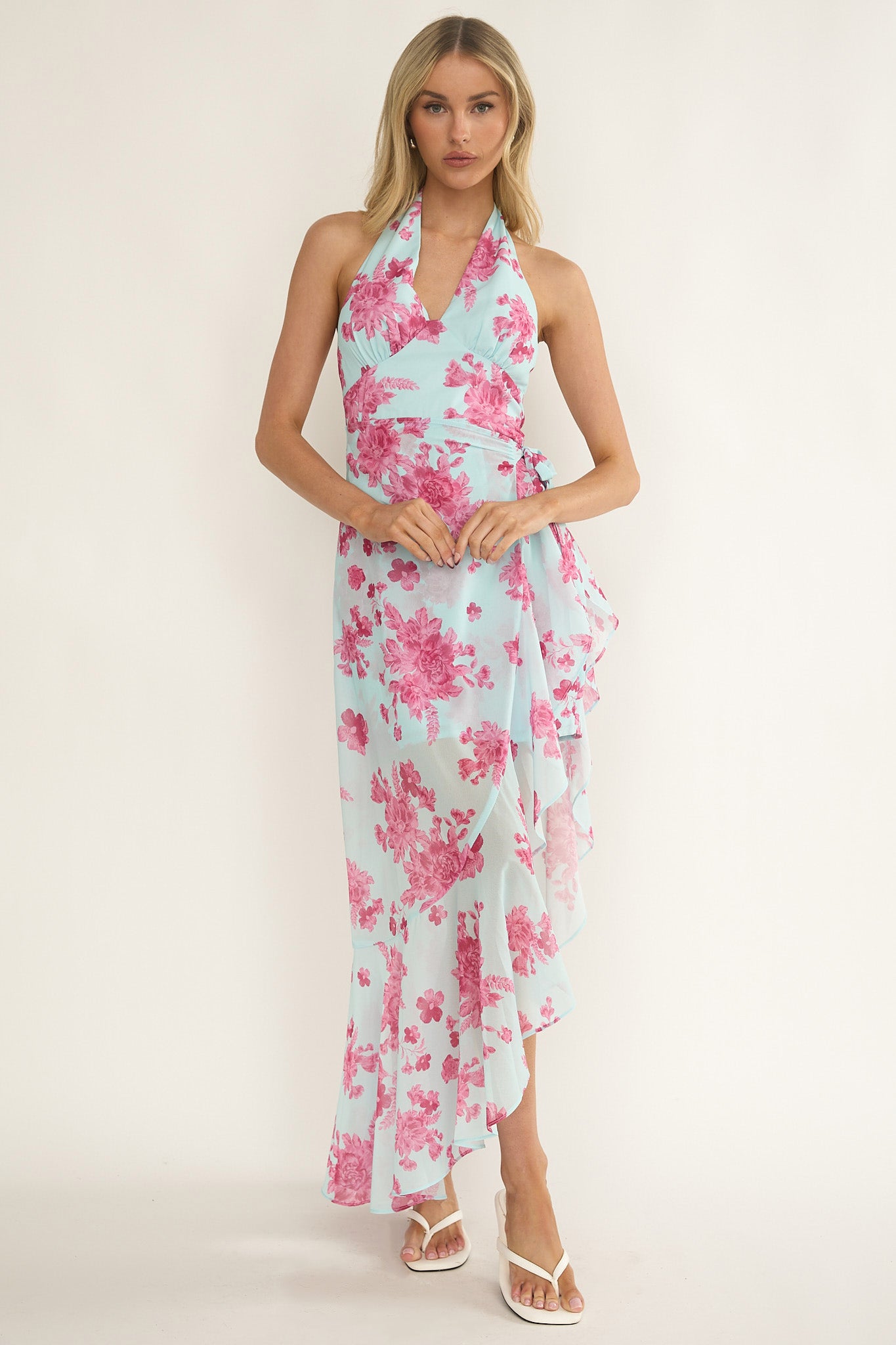 Nerida Waist Tie Asymmetric Dress Floral Ice Blue by Selfie Leslie