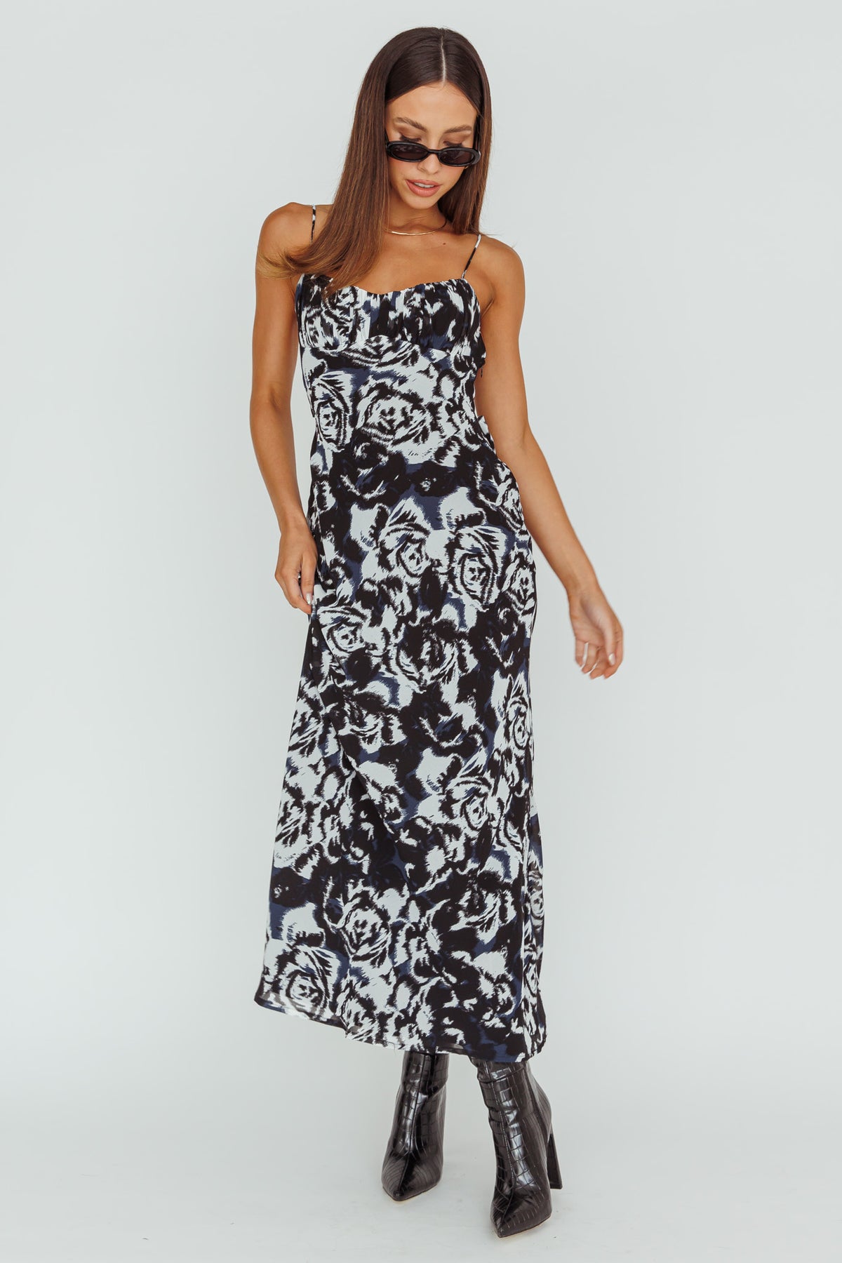 nerida low back twist maxi dress Swirl Black Black print maxi dress Color:Yellow cream floral ME+EM Cotton Voile Tiered 2in1