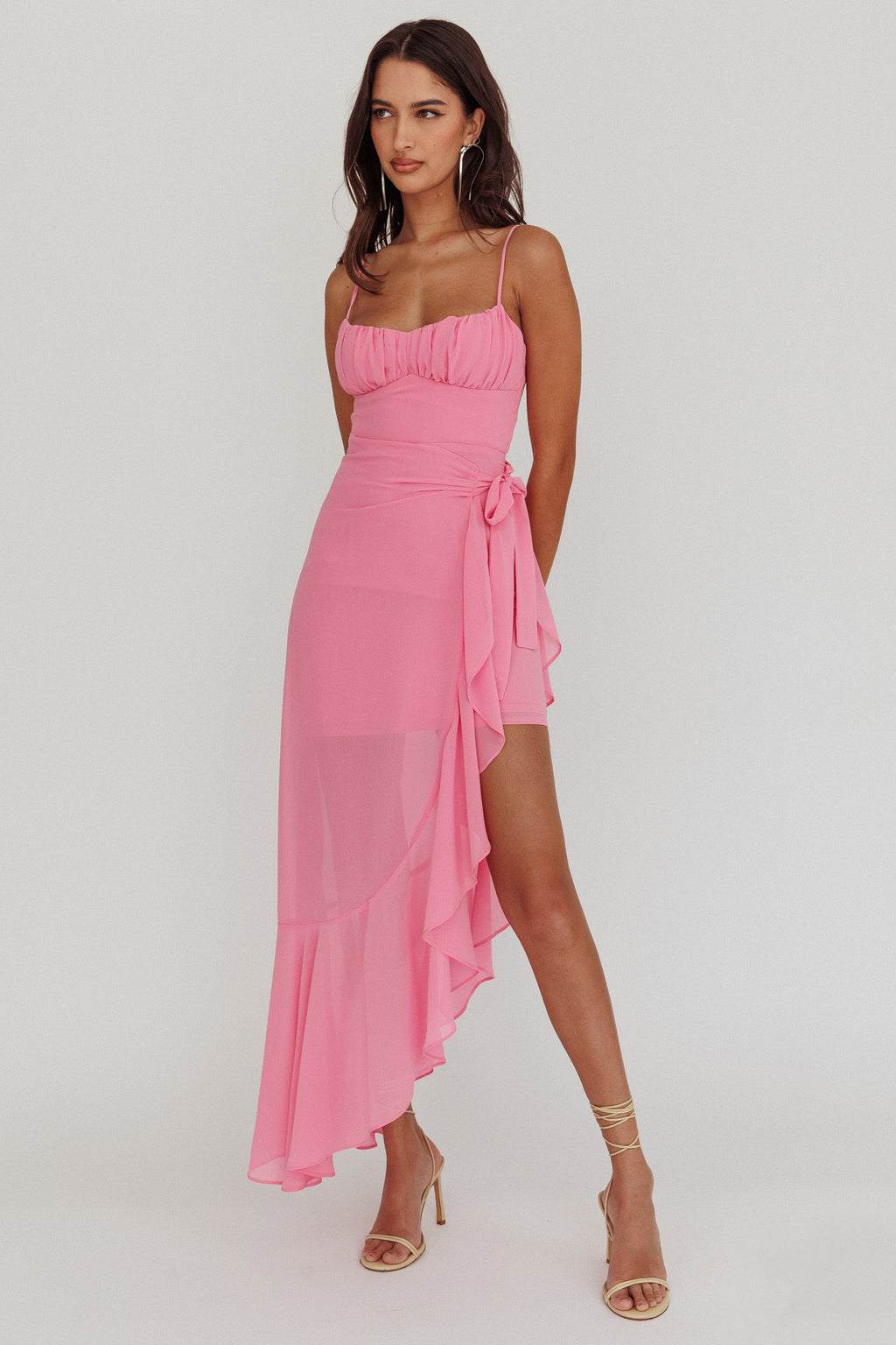Nerida Waist Tie Asymmetric Dress Pink - L Nerida Waist Tie Asymmetric Dress Pink - L