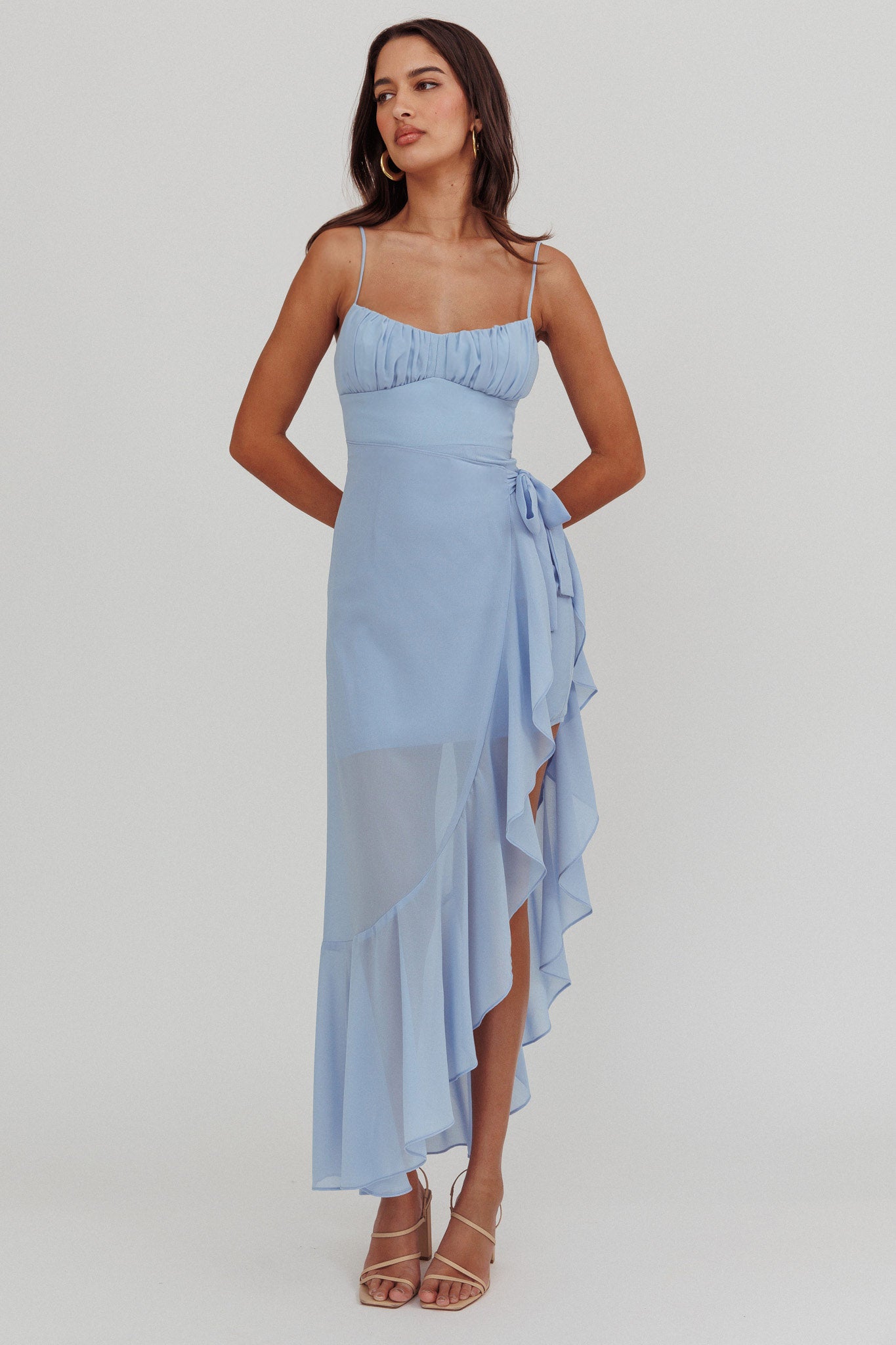 asymmetric blue dress Nerida Waist Tie Steel The Poetic Charm Light A-line Navy Blue Satin PD2025 Color:Teal Green