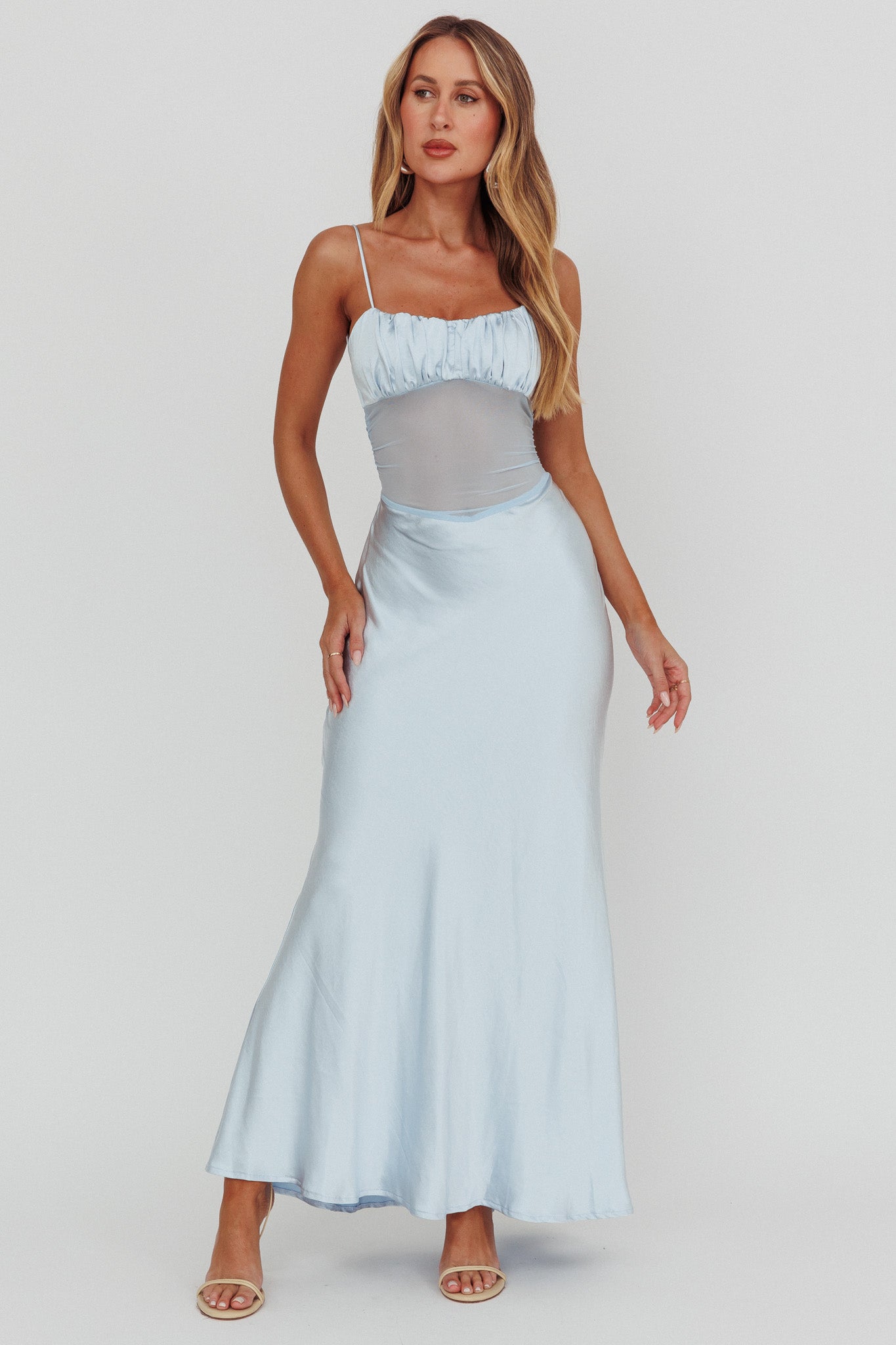 Nerida Sheer Waist Back Twist Maxi Dress Blue by Selfie Leslie
