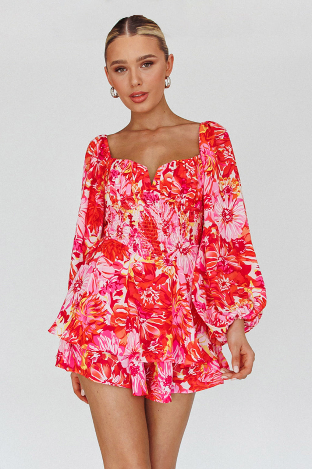 Evanice Shirred Waist Romper Floral Red by Selfie Leslie