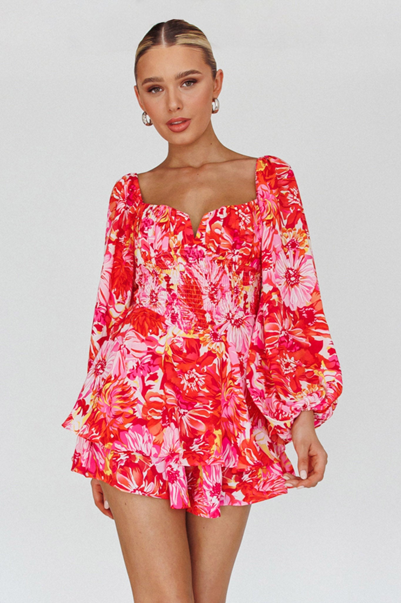 Evanice Shirred Waist Romper Floral Red by Selfie Leslie
