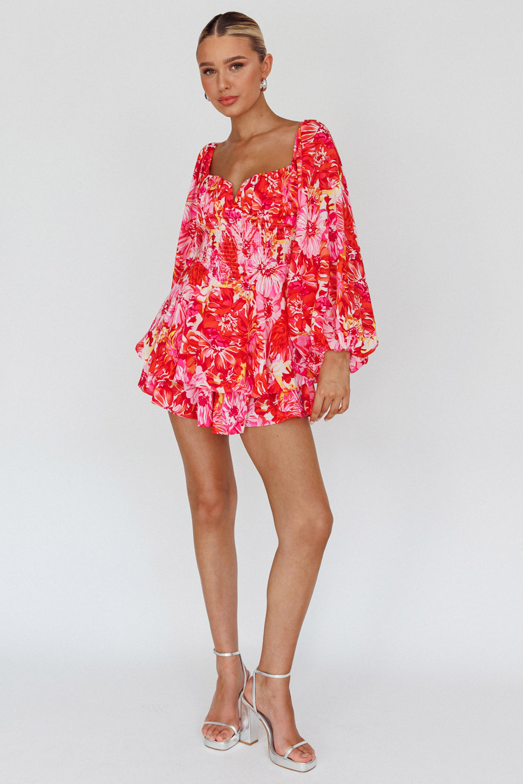 Evanice Shirred Waist Romper Floral Red by Selfie Leslie
