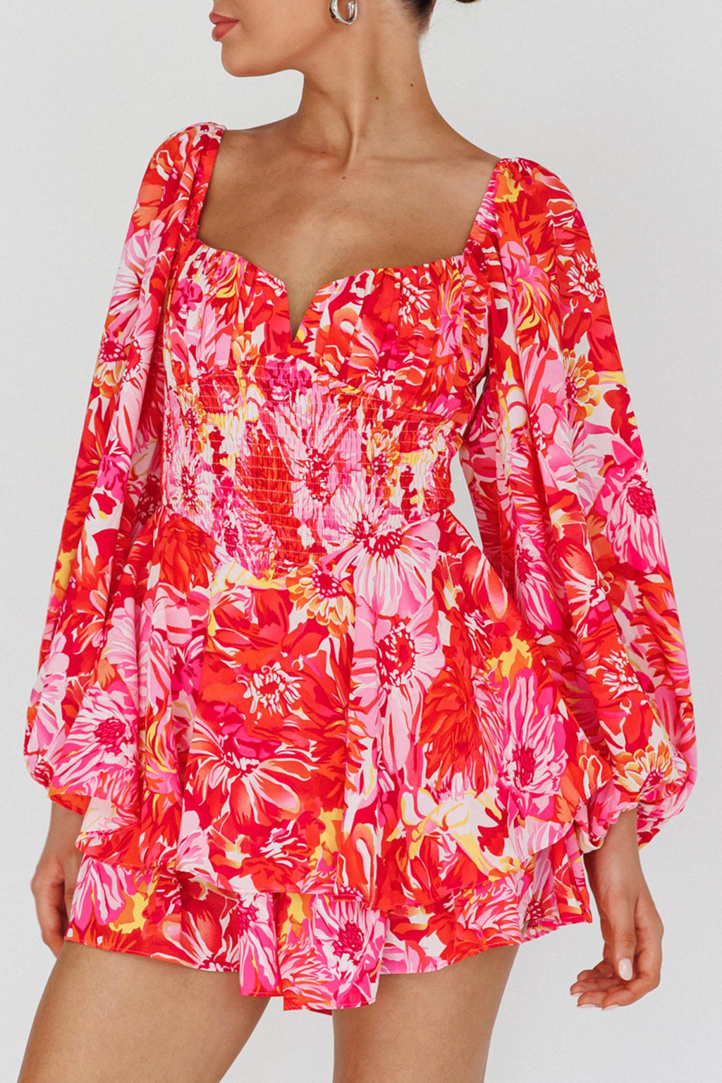 Evanice Shirred Waist Romper Floral Red by Selfie Leslie