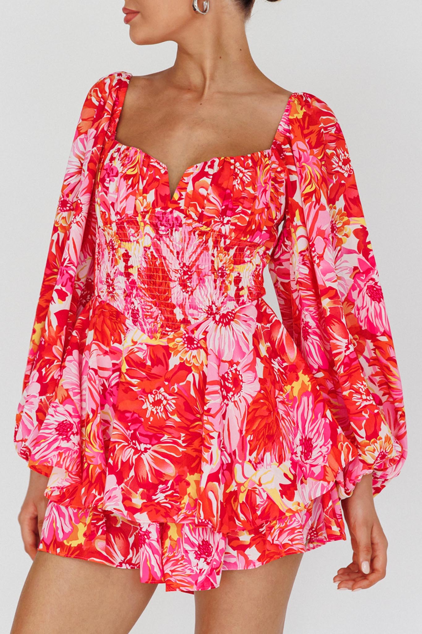 Evanice Shirred Waist Romper Floral Red by Selfie Leslie