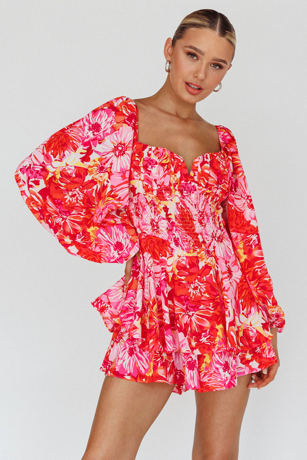 Evanice Shirred Waist Romper Floral Red by Selfie Leslie