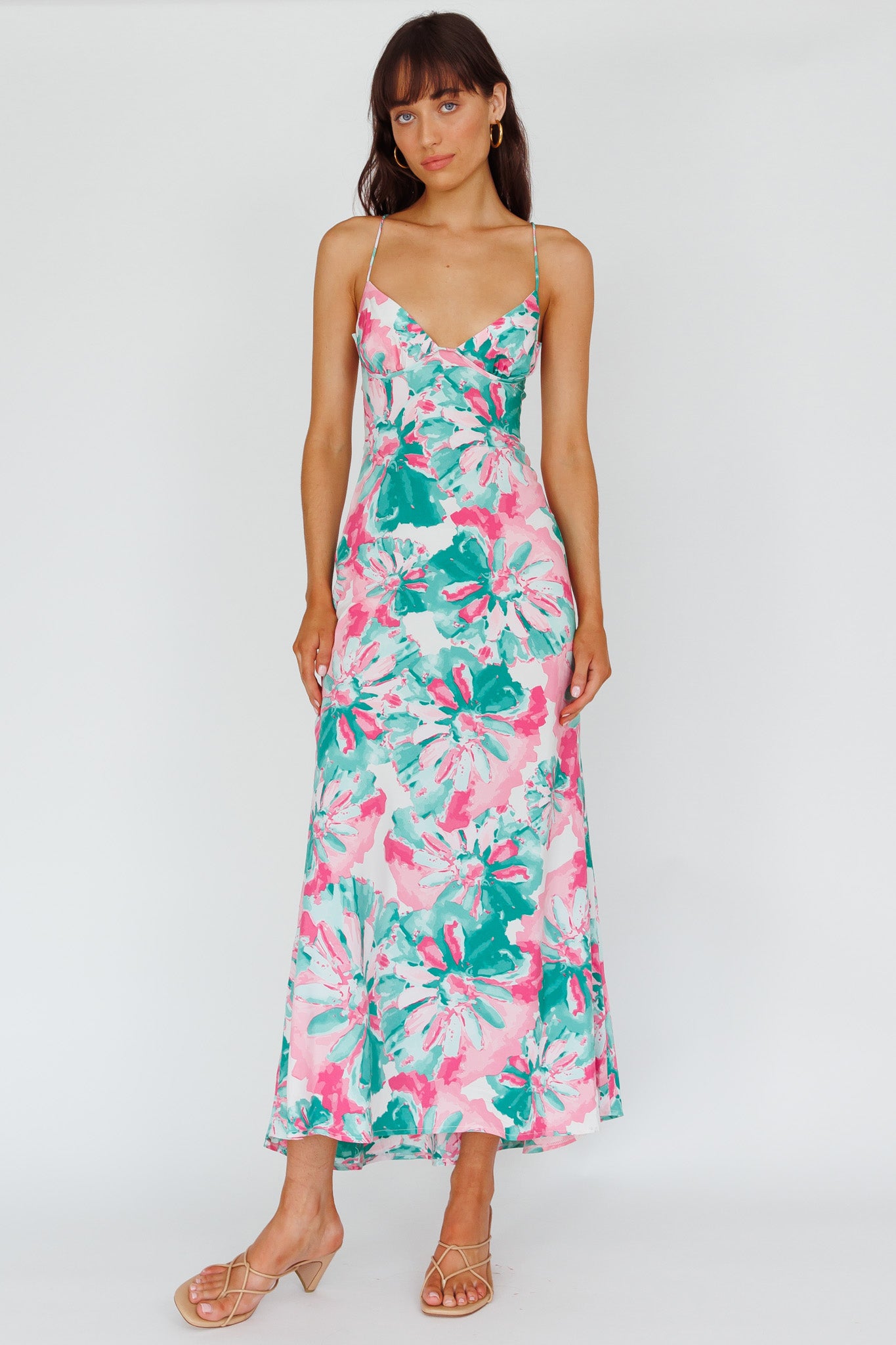 Shop the Alora Tie-Up Back Maxi Dress Flower Green | Selfie Leslie