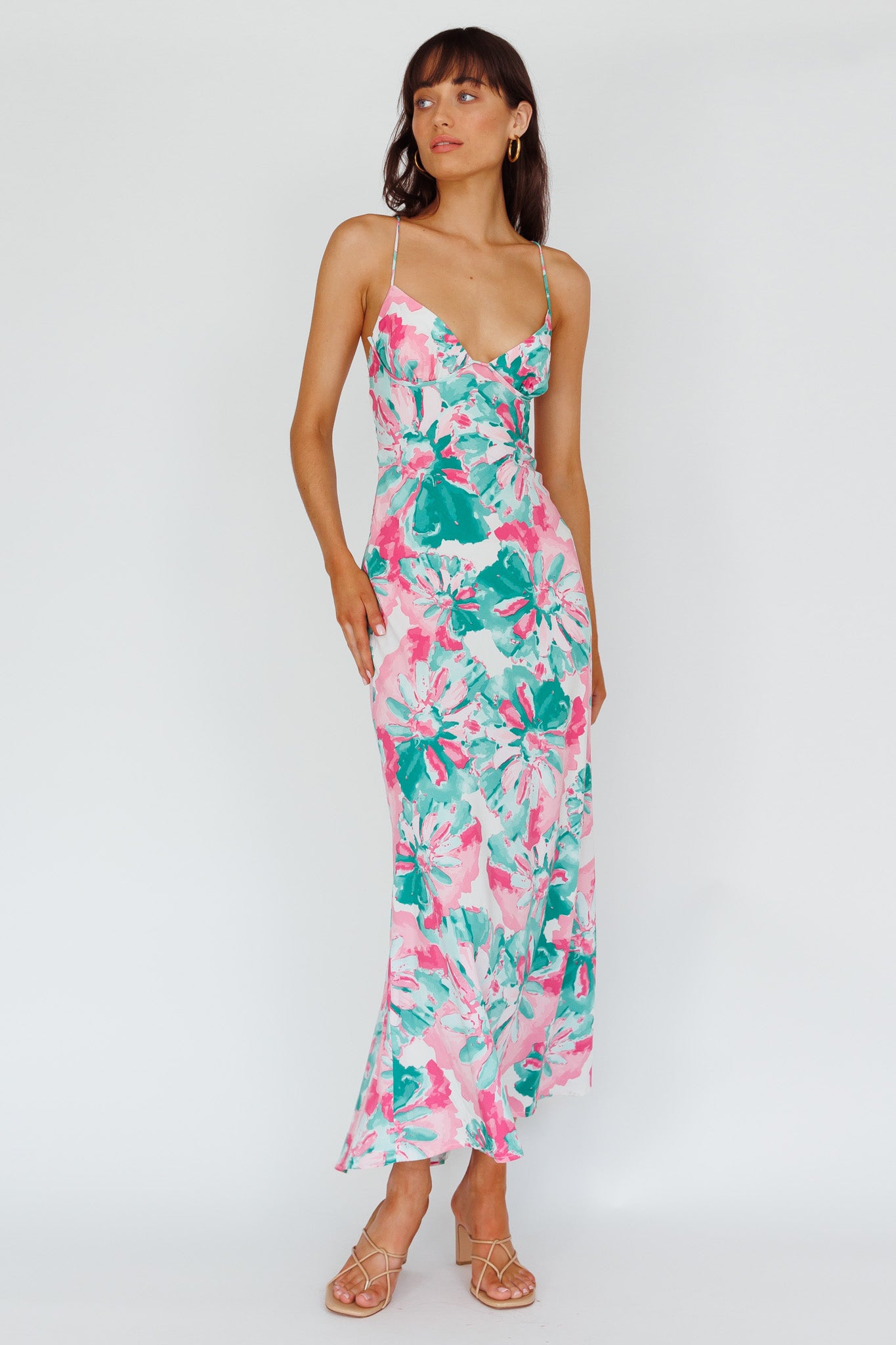 Shop the Alora Tie-Up Back Maxi Dress Flower Green | Selfie Leslie