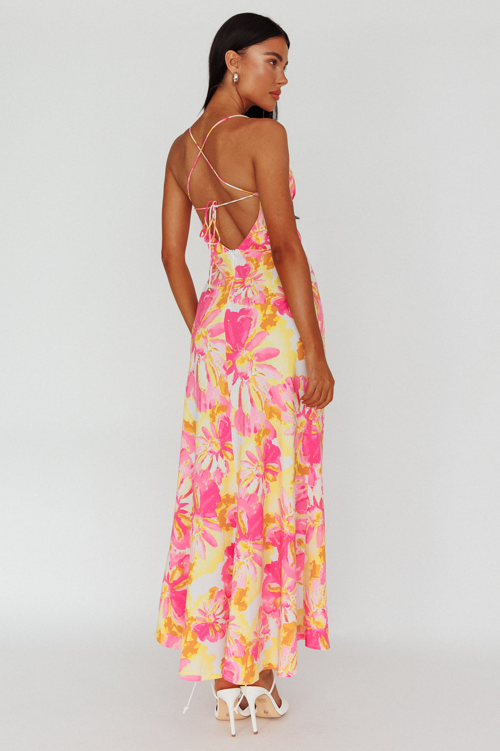 Alora Tie-Up Back Maxi Dress Flower Pink by Selfie Leslie