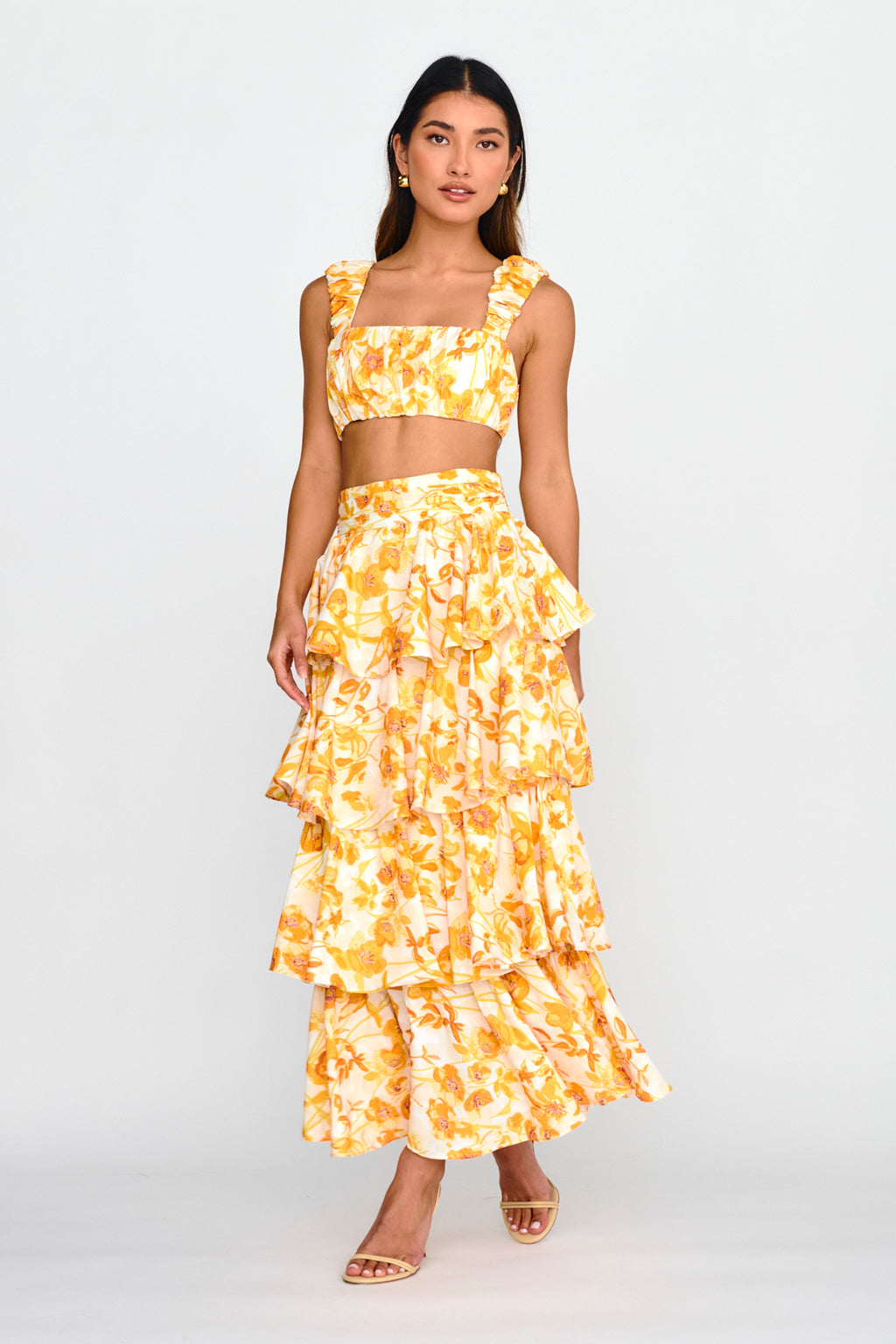 Suenito Tiered Frill Maxi Skirt Floral Orange by Selfie Leslie