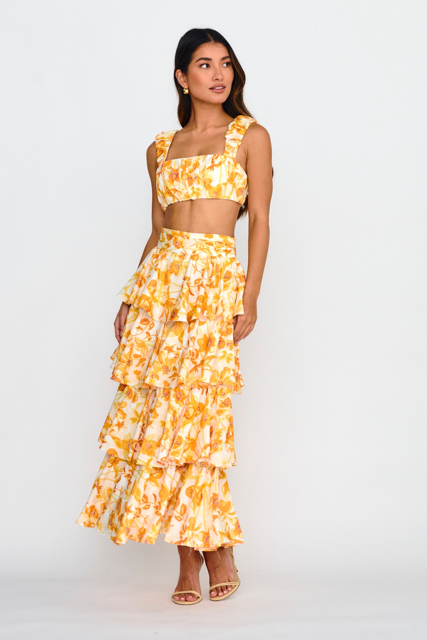 Suenito Tiered Frill Maxi Skirt Floral Orange by Selfie Leslie
