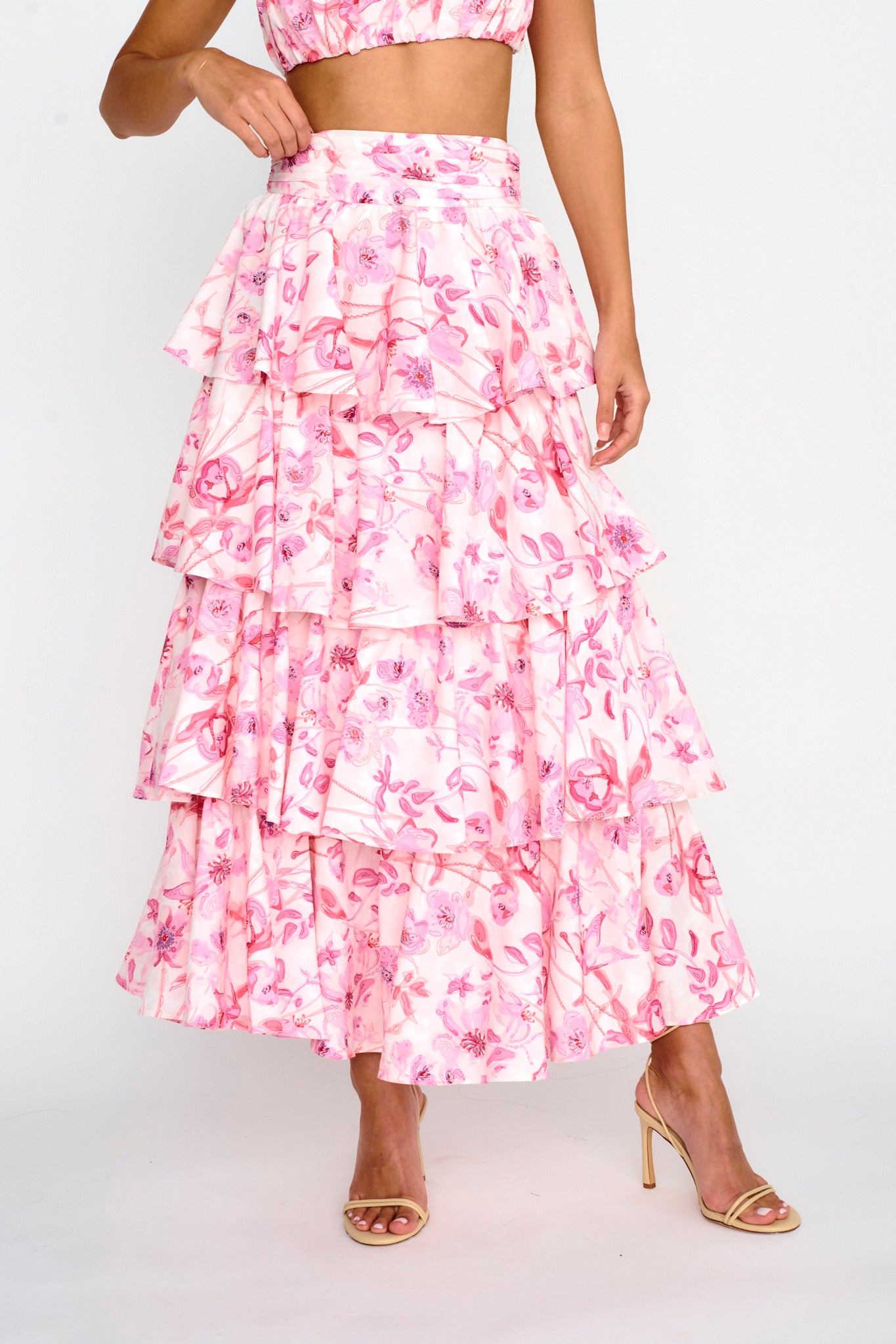 Suenito Tiered Frill Maxi Skirt Floral Pink by Selfie Leslie