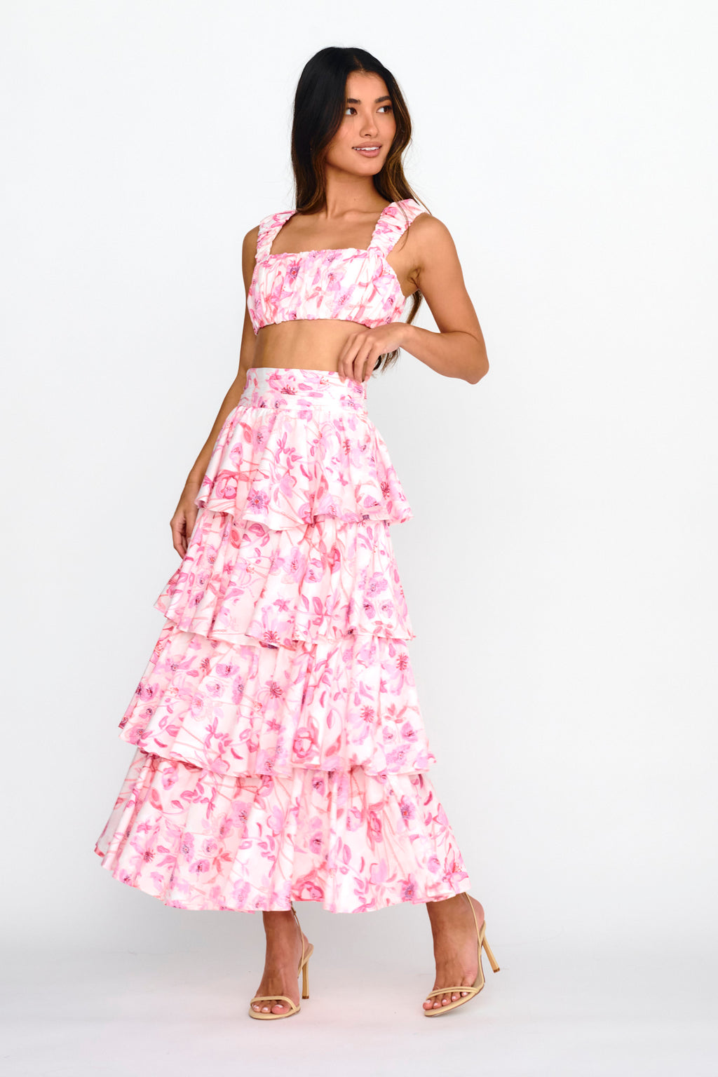 Suenito Tiered Frill Maxi Skirt Floral Pink by Selfie Leslie