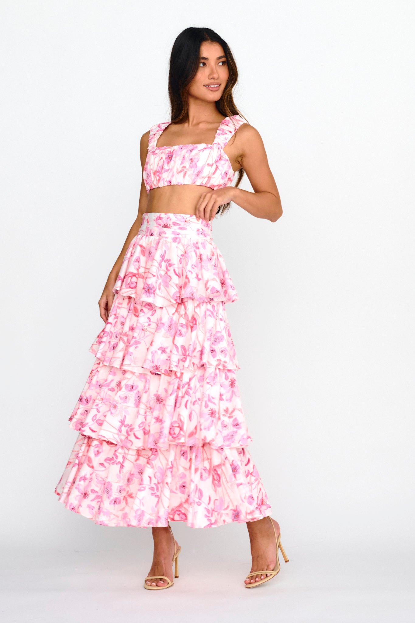 Suenito Tiered Frill Maxi Skirt Floral Pink by Selfie Leslie
