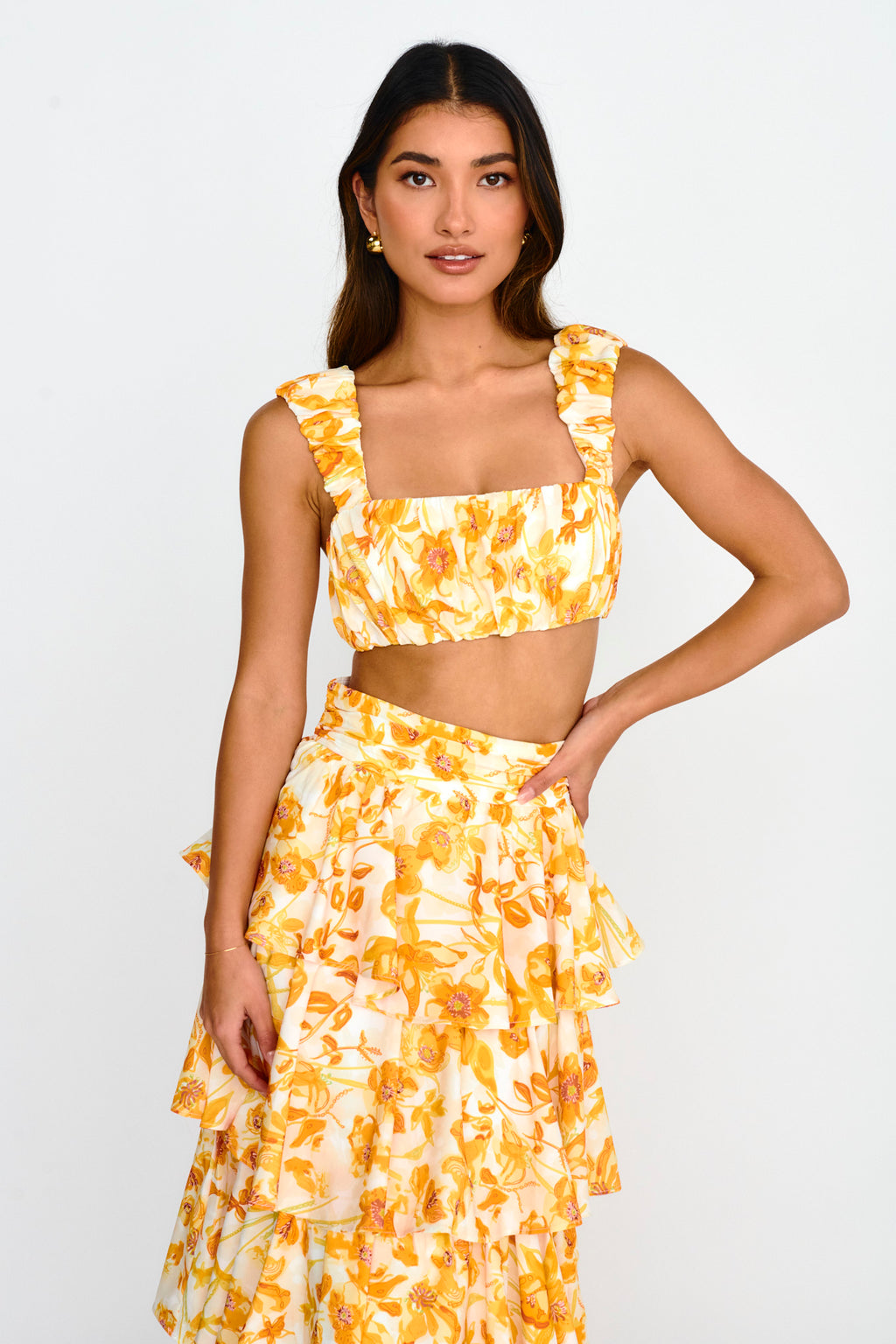 Suenito Gathered Crop Top Floral Orange by Selfie Leslie