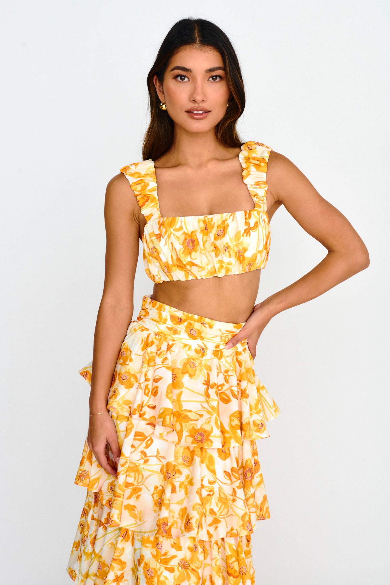 Suenito Gathered Crop Top Floral Orange by Selfie Leslie