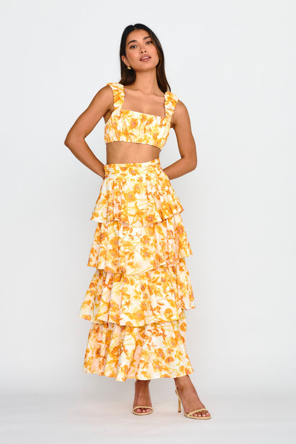 Suenito Gathered Crop Top Floral Orange by Selfie Leslie