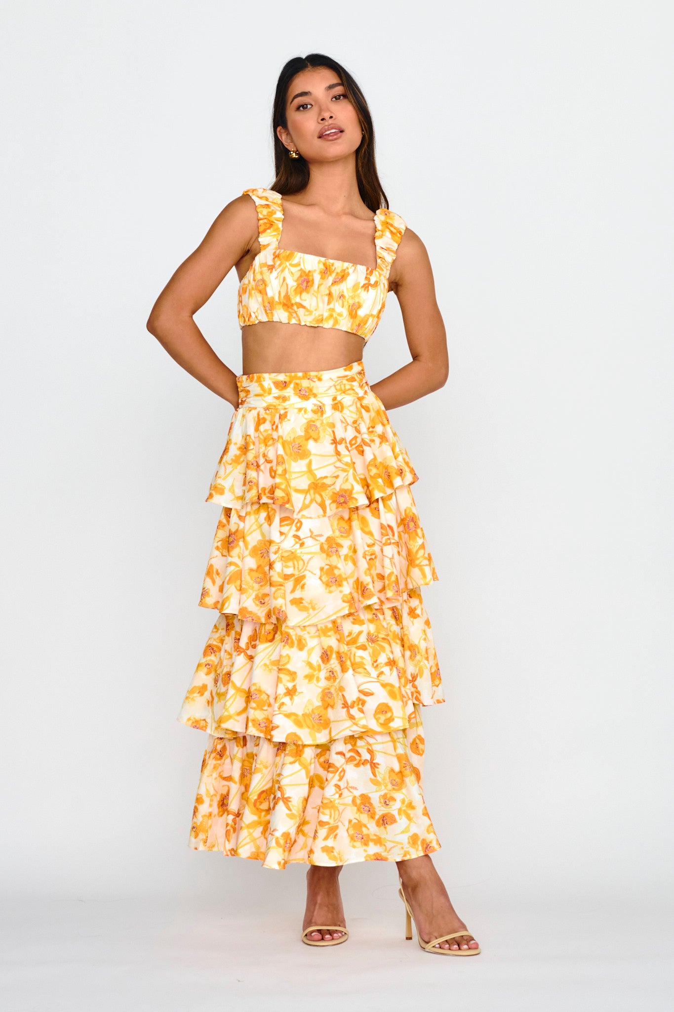 Suenito Gathered Crop Top Floral Orange by Selfie Leslie