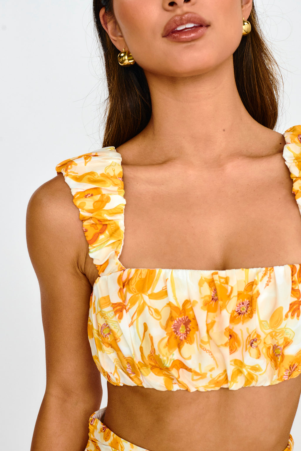 Suenito Gathered Crop Top Floral Orange by Selfie Leslie
