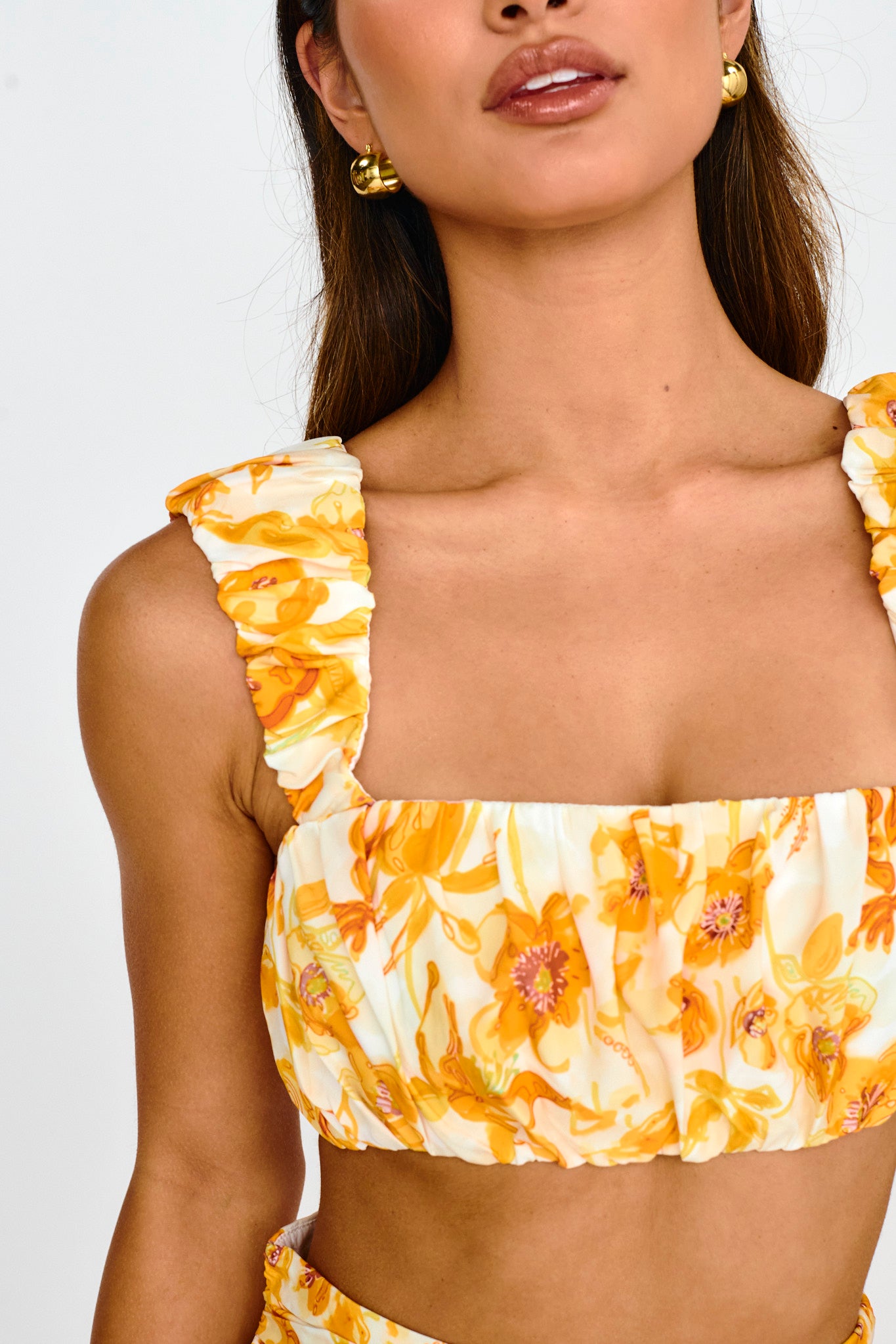 Suenito Gathered Crop Top Floral Orange by Selfie Leslie