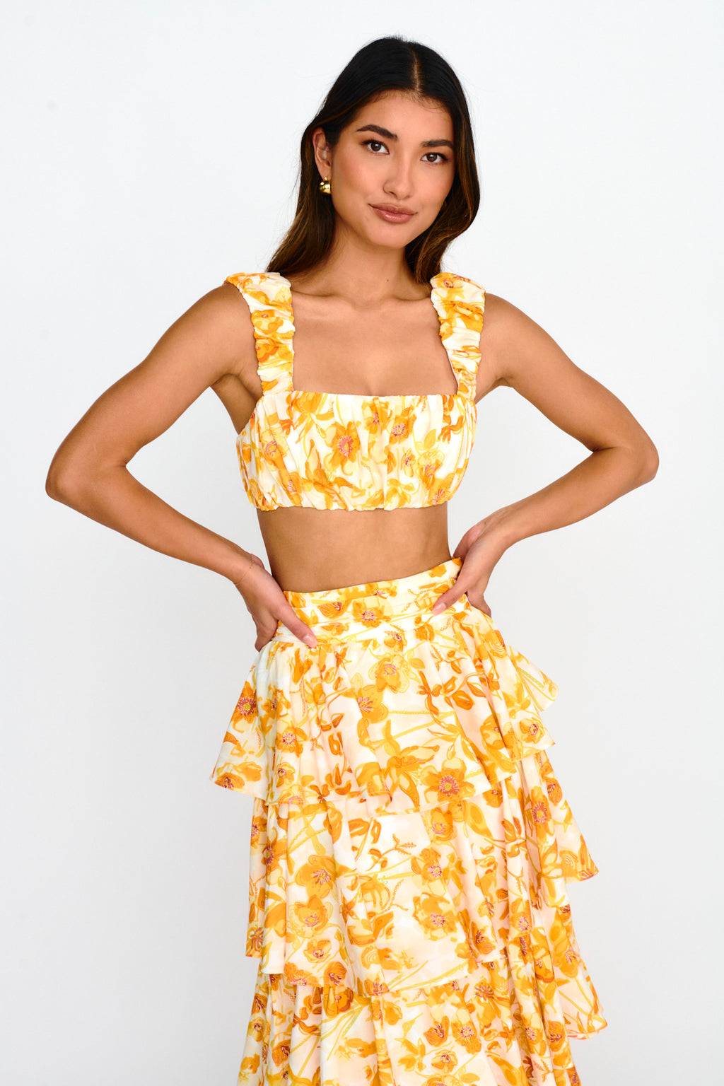 Suenito Gathered Crop Top Floral Orange by Selfie Leslie