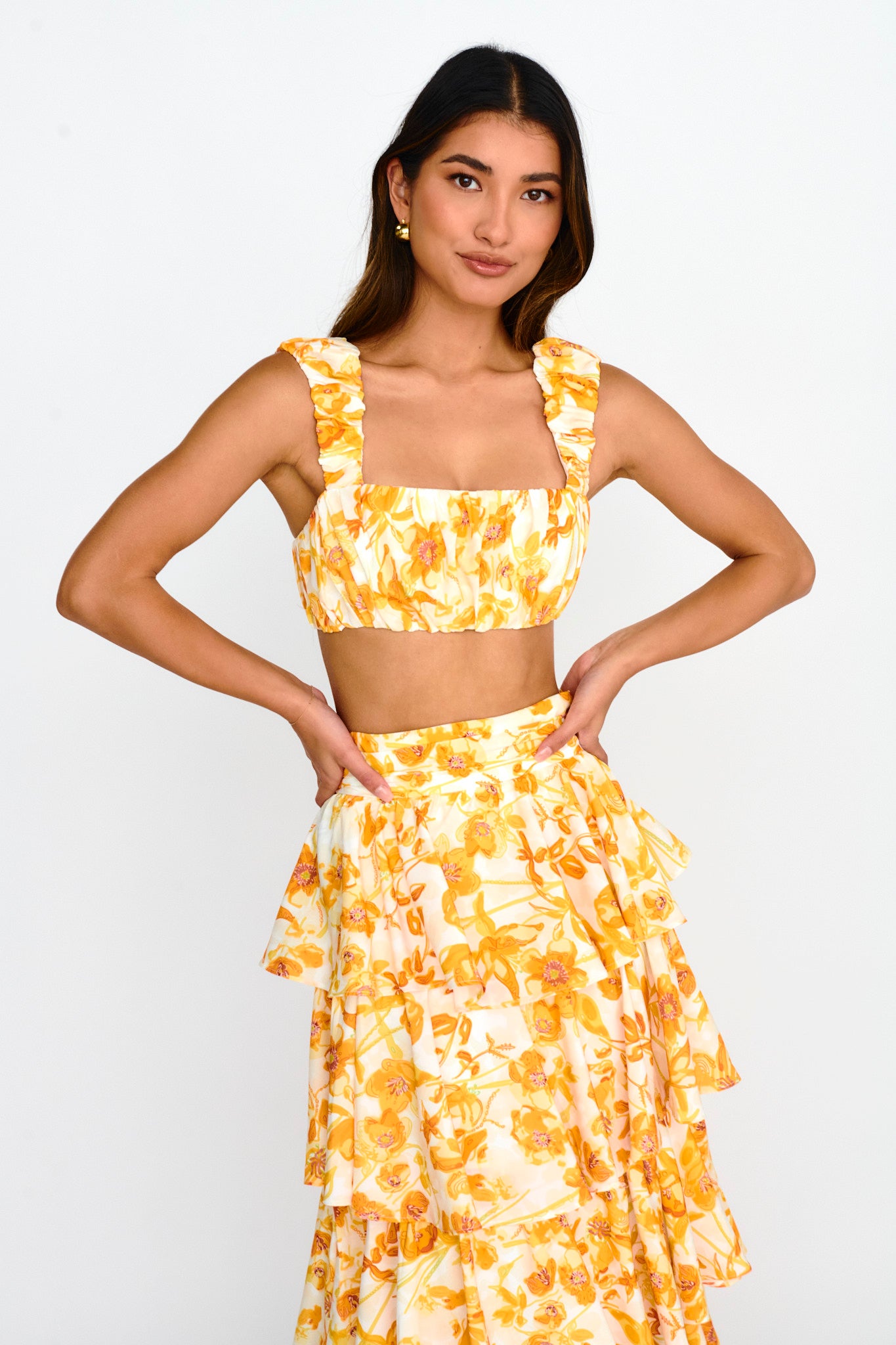 Suenito Gathered Crop Top Floral Orange by Selfie Leslie