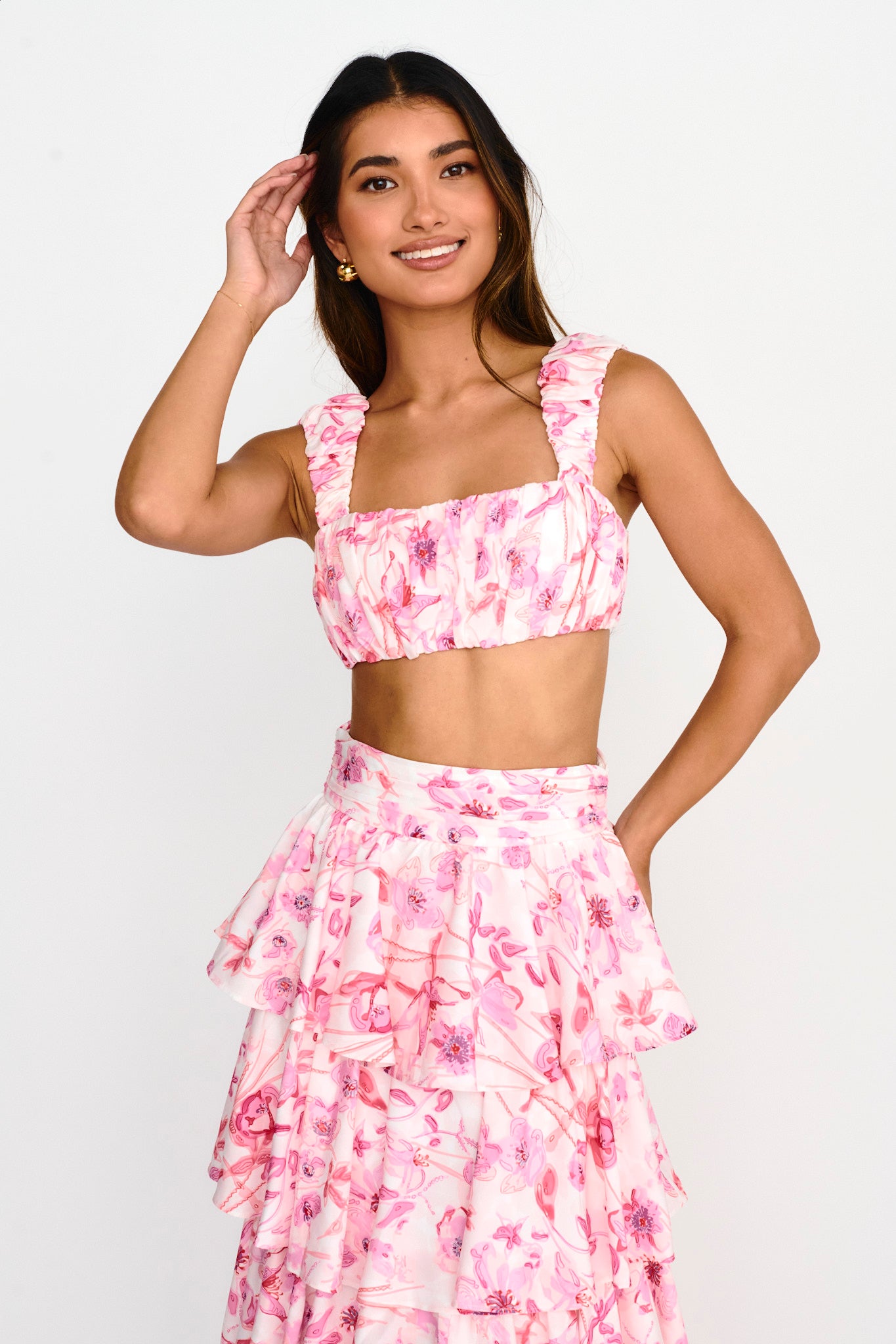 Suenito Gathered Crop Top Floral Pink by Selfie Leslie