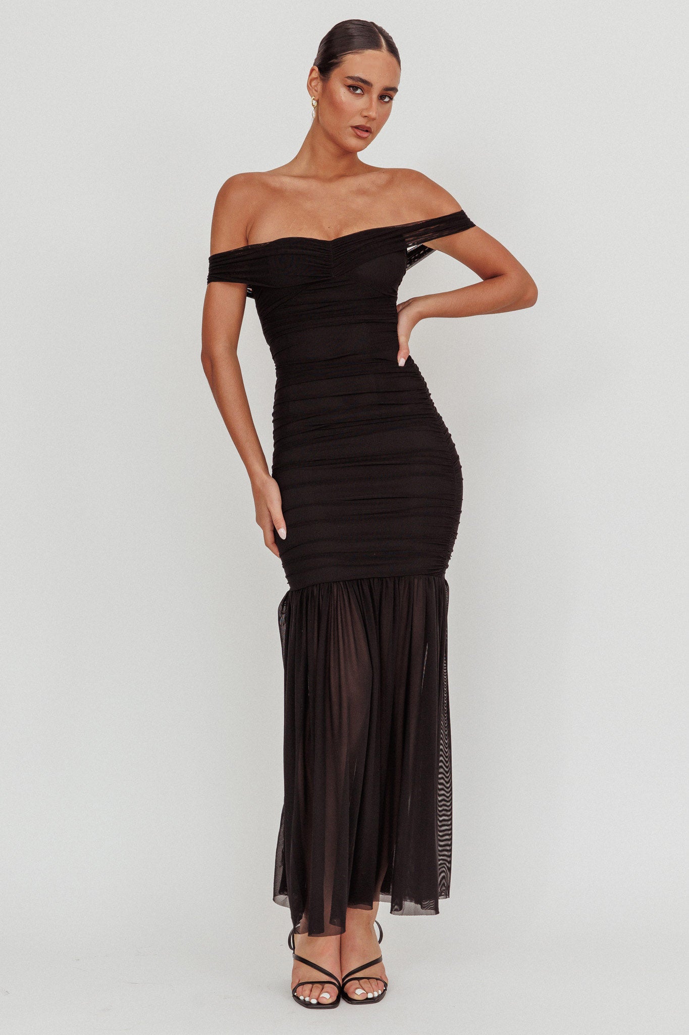 La Salle Off Shoulder Mesh Maxi Dress Black by Selfie Leslie