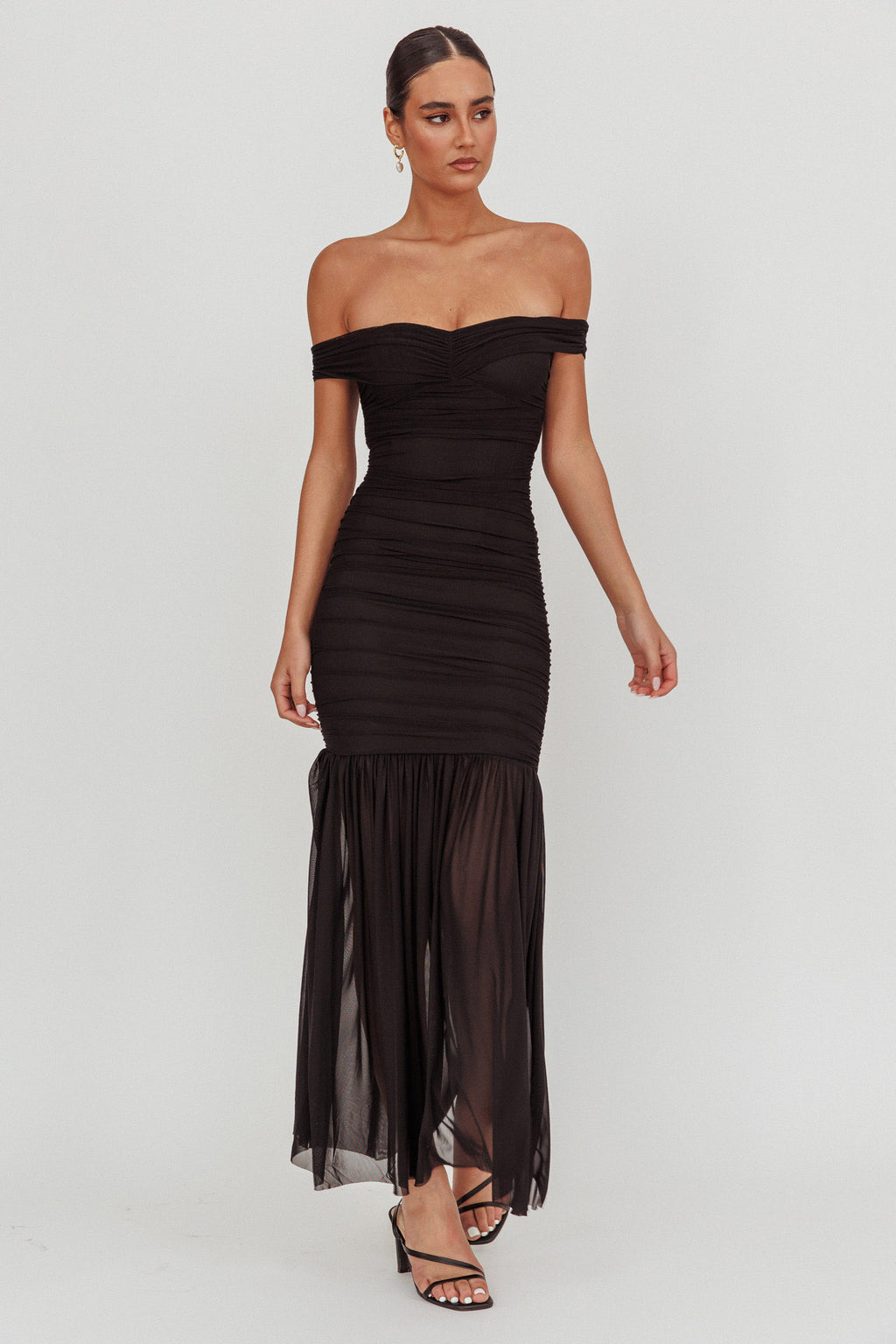 black off the shoulder dress with mesh sleeves Black Off Shoulder Maxi Dress | Sheer Mesh Evening Gown | Elegant Bodycon Formal Dress