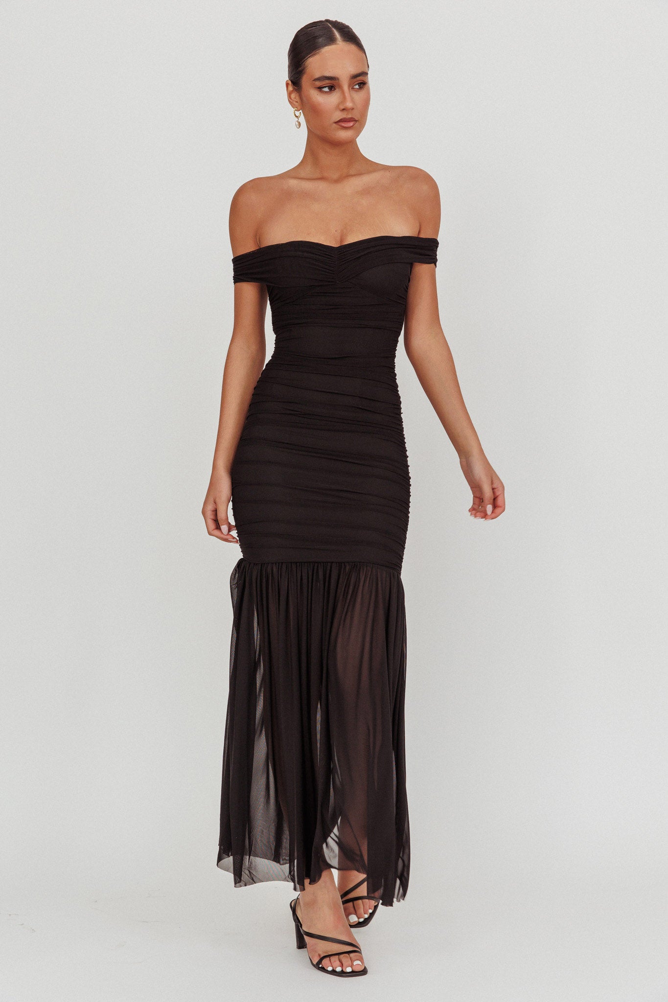 La Salle Off Shoulder Mesh Maxi Dress Black by Selfie Leslie