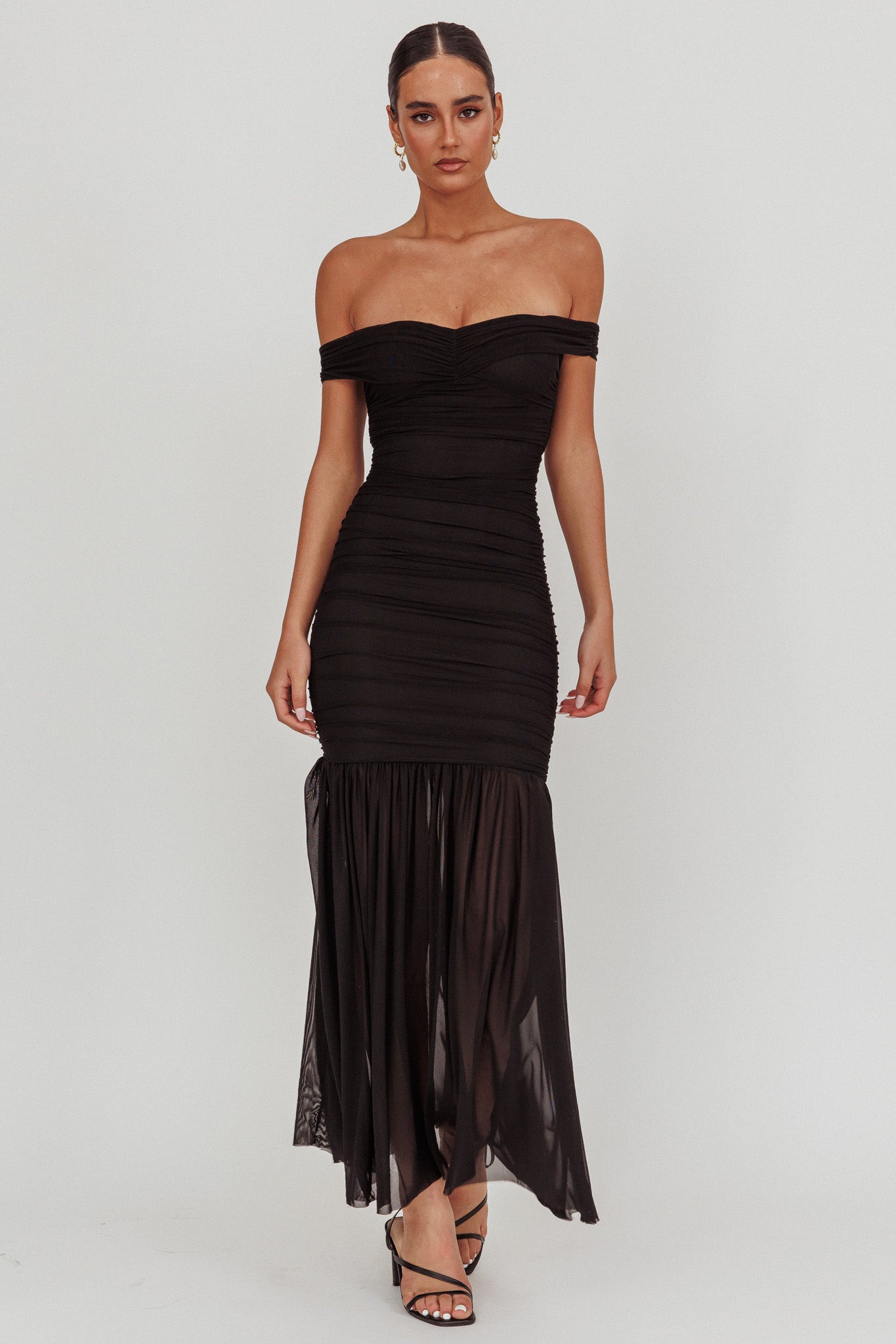 La Salle Off Shoulder Mesh Maxi Dress Black by Selfie Leslie