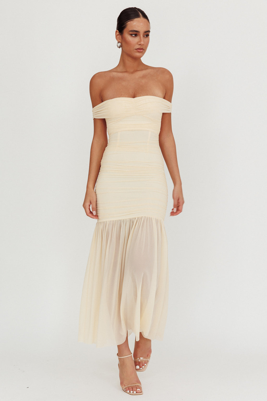 La Salle Off Shoulder Mesh Maxi Dress Ivory by Selfie Leslie