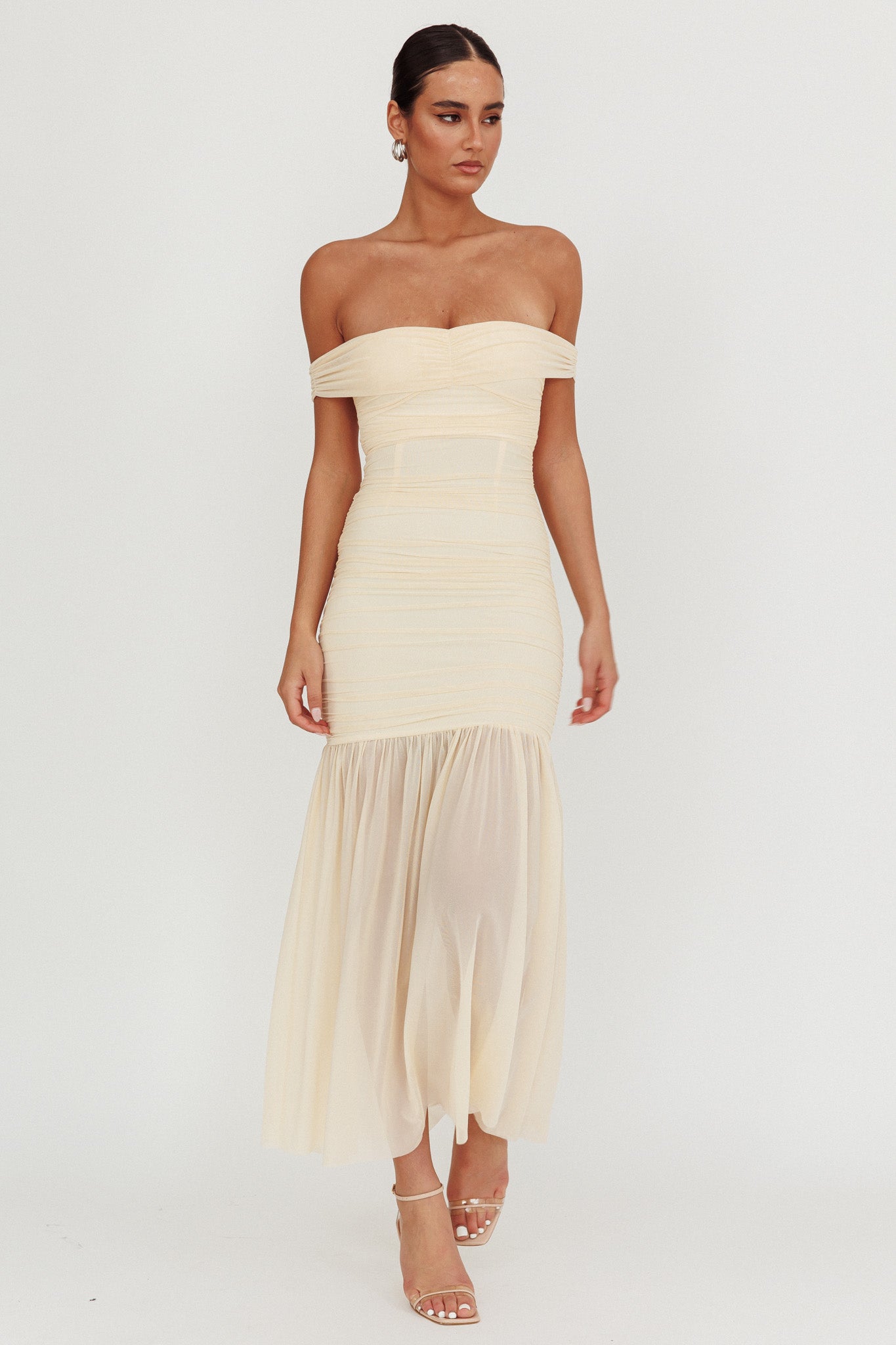 La Salle Off Shoulder Mesh Maxi Dress Ivory by Selfie Leslie