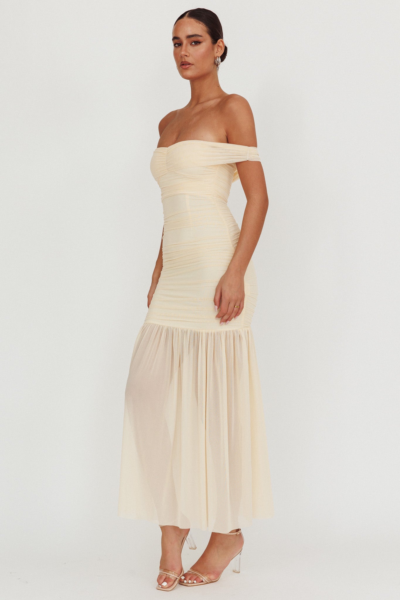 La Salle Off Shoulder Mesh Maxi Dress Ivory by Selfie Leslie