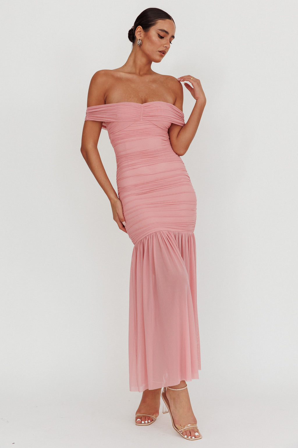 La Salle Off Shoulder Mesh Maxi Dress Pink by Selfie Leslie