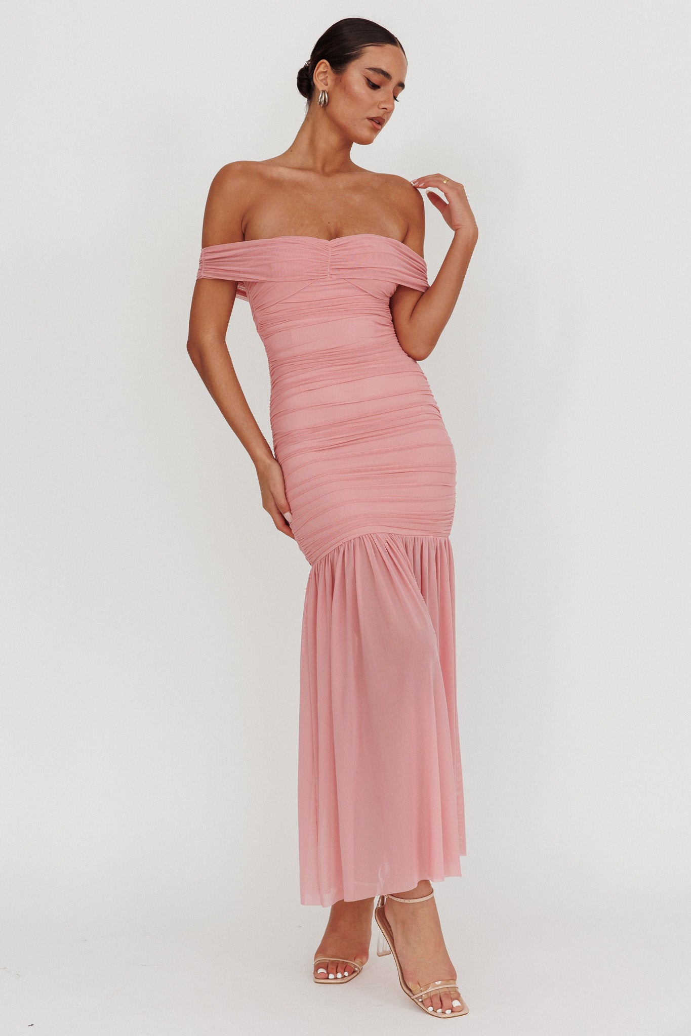 La Salle Off Shoulder Mesh Maxi Dress Pink by Selfie Leslie